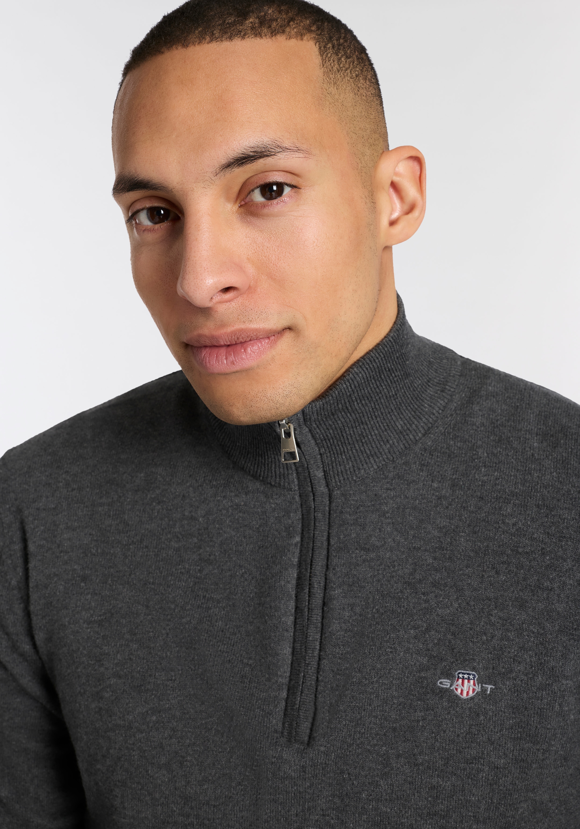 Gant Stehkragenpullover »COTTON/WOLL HALF ZIP« mit Rippstrick-Details, normale Passform