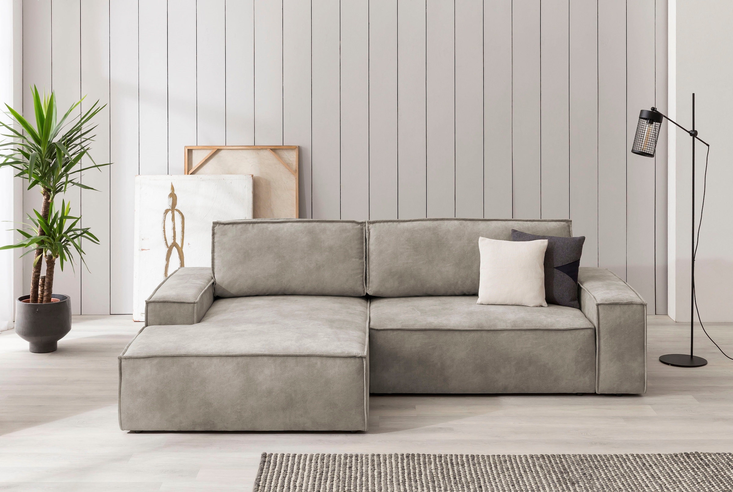 OTTO home Ecksofa "SHERWOOD Vintage Lederoptik L-Form, 267 cm" Schlaffunktion mit Bettkasten (210x136 cm), Cord, Vintage, Samtvelours