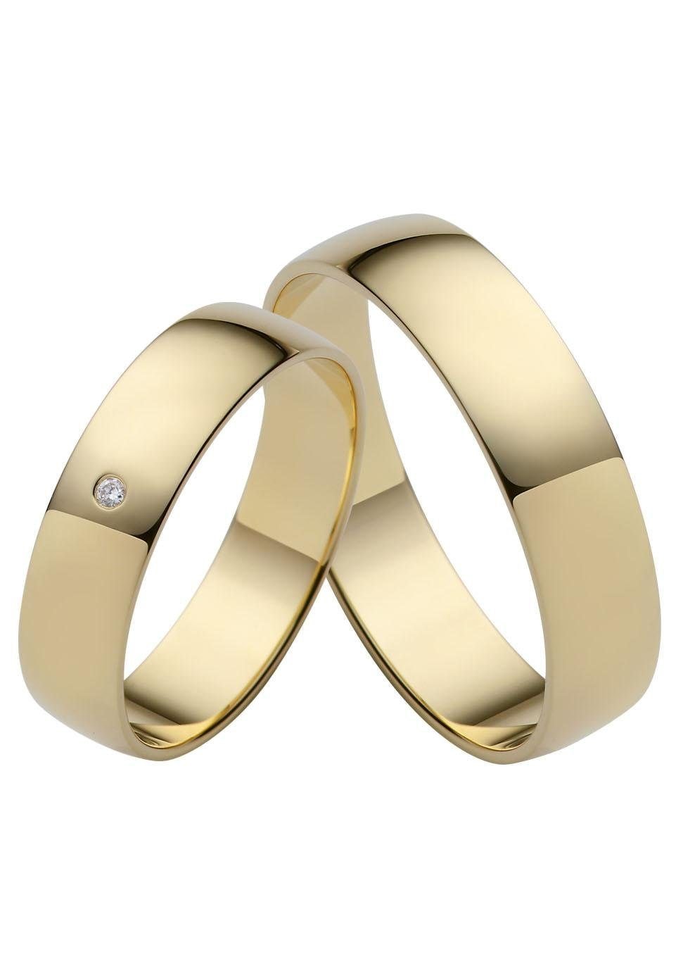 FIRETTI Damen Trauring "Schmuck Geschenk Gold Hochzeit Ehering Trauring "LIEBE"", 22, 0,01 SI = kleine Einschlüsse mit Brillant, Gelbgold 375, 5mm,
