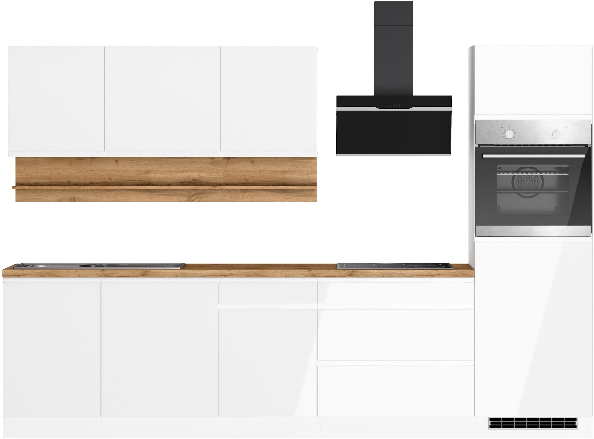 KOCHSTATION Küchenzeile "KS-Virginia,neu in verbesserter Ausführung" Arbeitsplatte 38 mm stark, Stauraum, Softclose, Breite 300 cm, Soft-Close, wahlweise mit E-Geräten