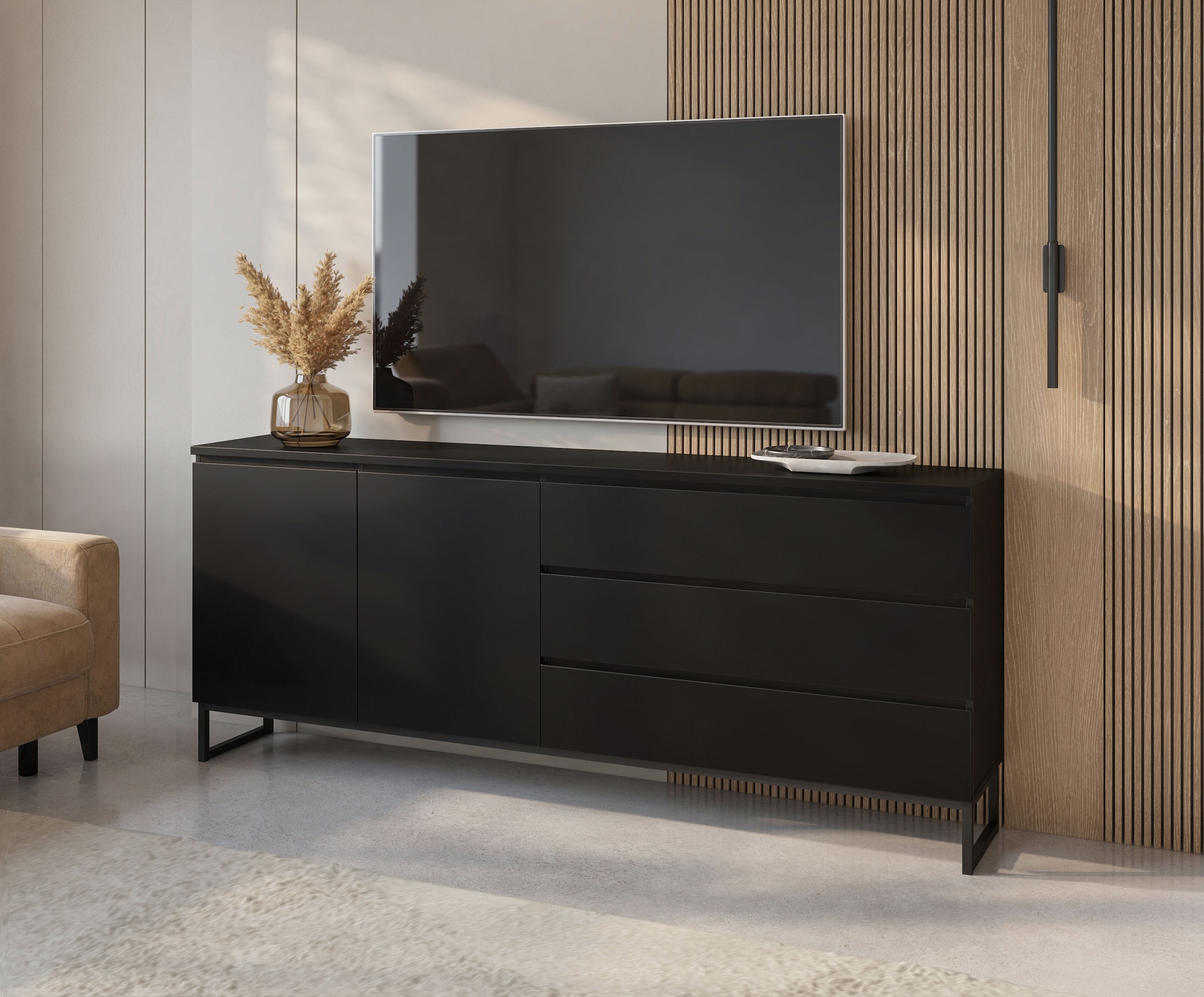 OTTO home Sideboard »Modo II, Breite 200 cm, moderne grifflose Kommode 2Türen/3 SK« Schubladenkommode viel Stauraum, Einlegeböden verstellbar, Metallkufen