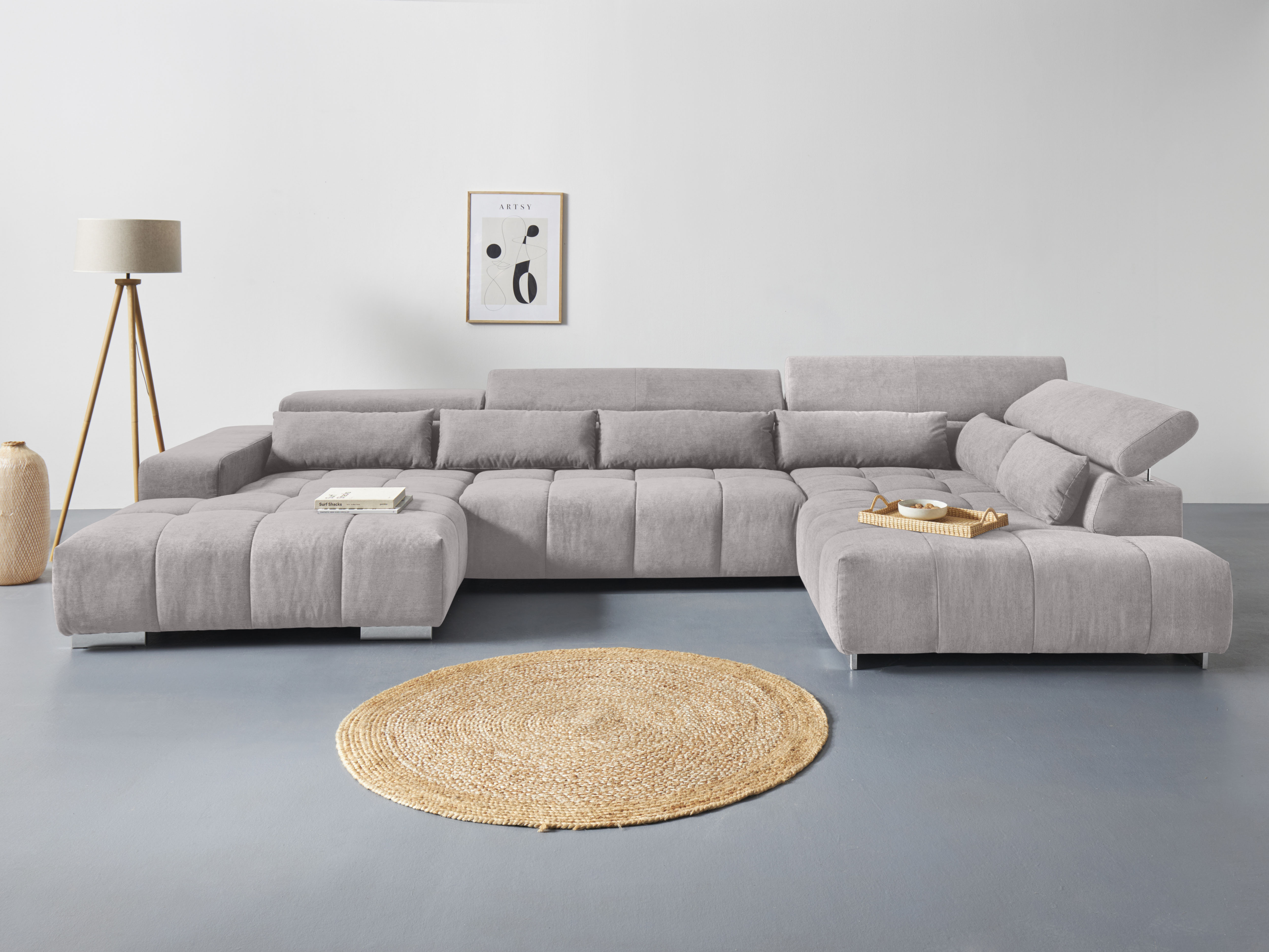 COTTA Wohnlandschaft "Orion U-Form XXL, B: 409 cm, bequeme Wellenunterfederung, top modern" mit Kopfteilverstellung & 6 Nierenkissen