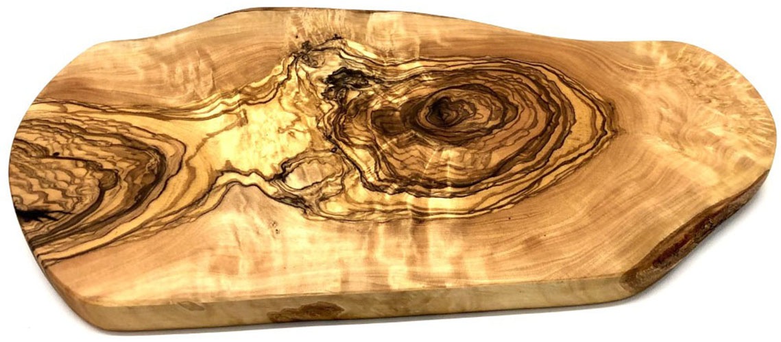 Olivenholz-erleben Schneidebrett »Naturschnitt aus hochwertigem naturbelassenem Olivenholz«, (1 St.), Einzigartige Maserung, rustikale Kante, organische Form, L ca. 40-44cm