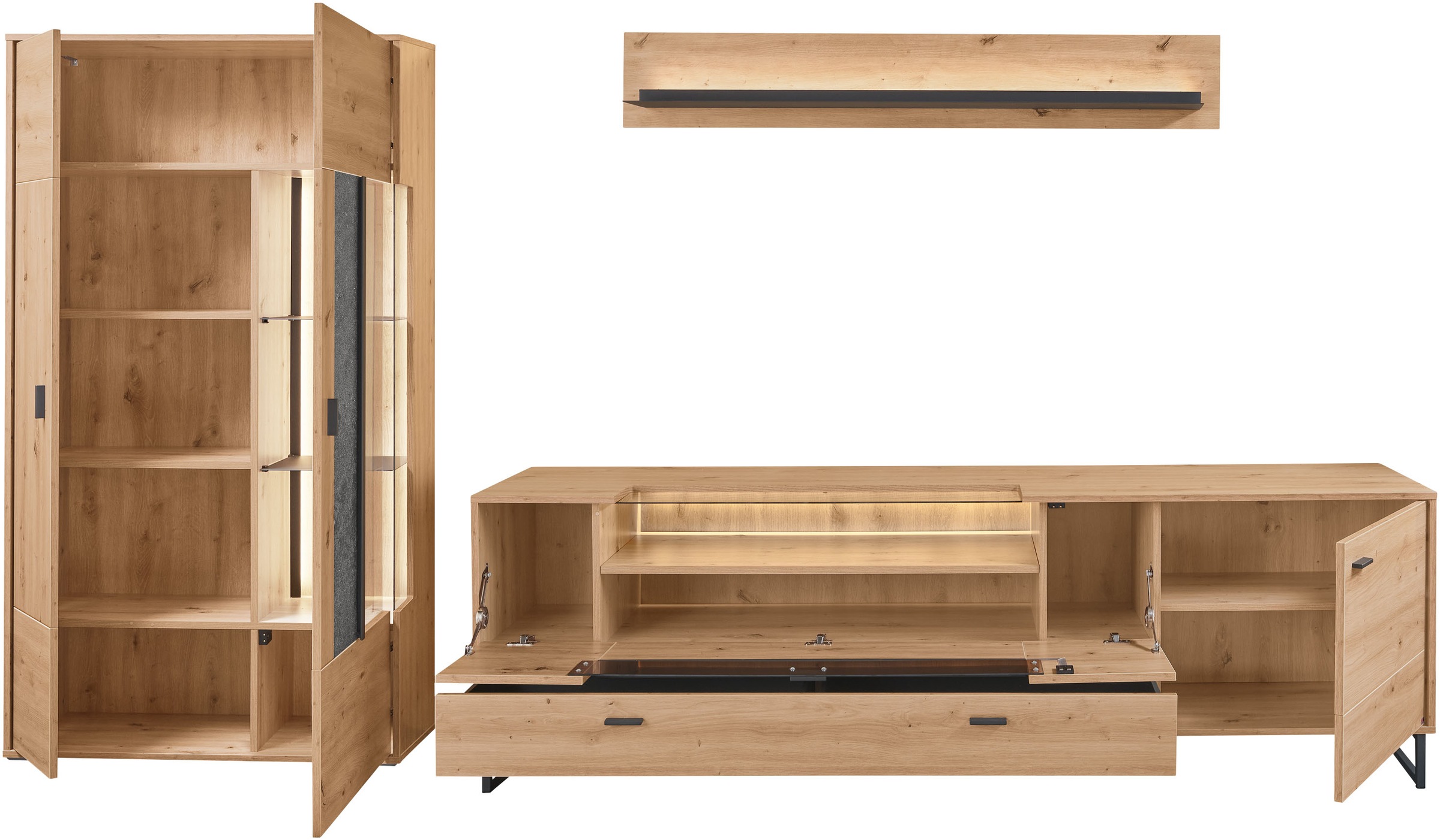 set one by Musterring TV-Wand »Deltona«, (3 St.), Zierelemente aus Sandstein, inkl. Beleuchtung, Gesamtbreite ca. 317 cm
