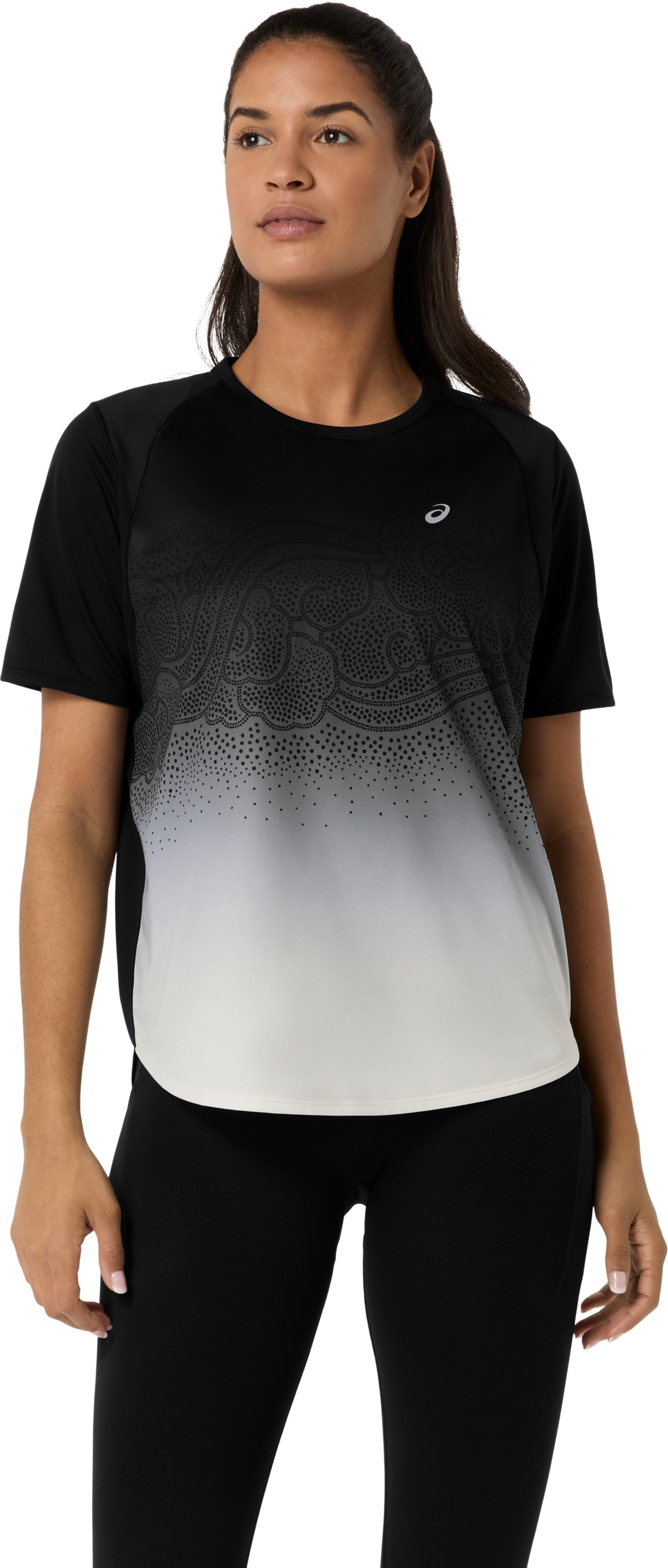 Laufshirt ASICS "ROAD FADE SS TOP", Damen, Gr. XL, performance schwarz, cream, Obermaterial: 100% Polyester, Shirts Laufshirt, für verschiedene Jahreszeiten, mit Grafik-Print, mit Mesh-Einsätzen