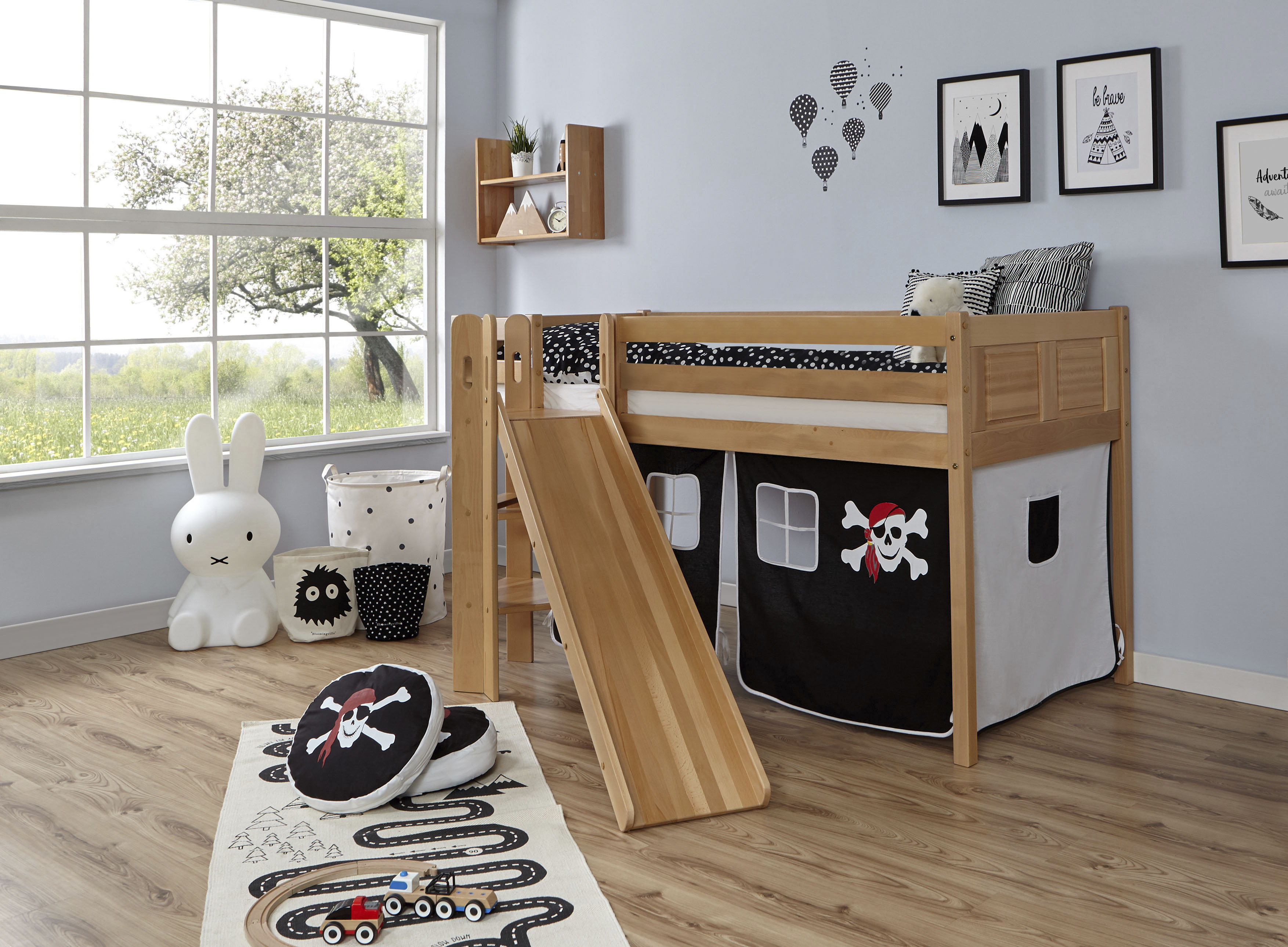 Hochbett TICAA, B:179cm H:113cm L:205cm, schwarz-weiß, Jugendzimmer, Hochbetten, "Ekki", mit Rollrost und Textil-Set wahlweise mit Matratze, Buche