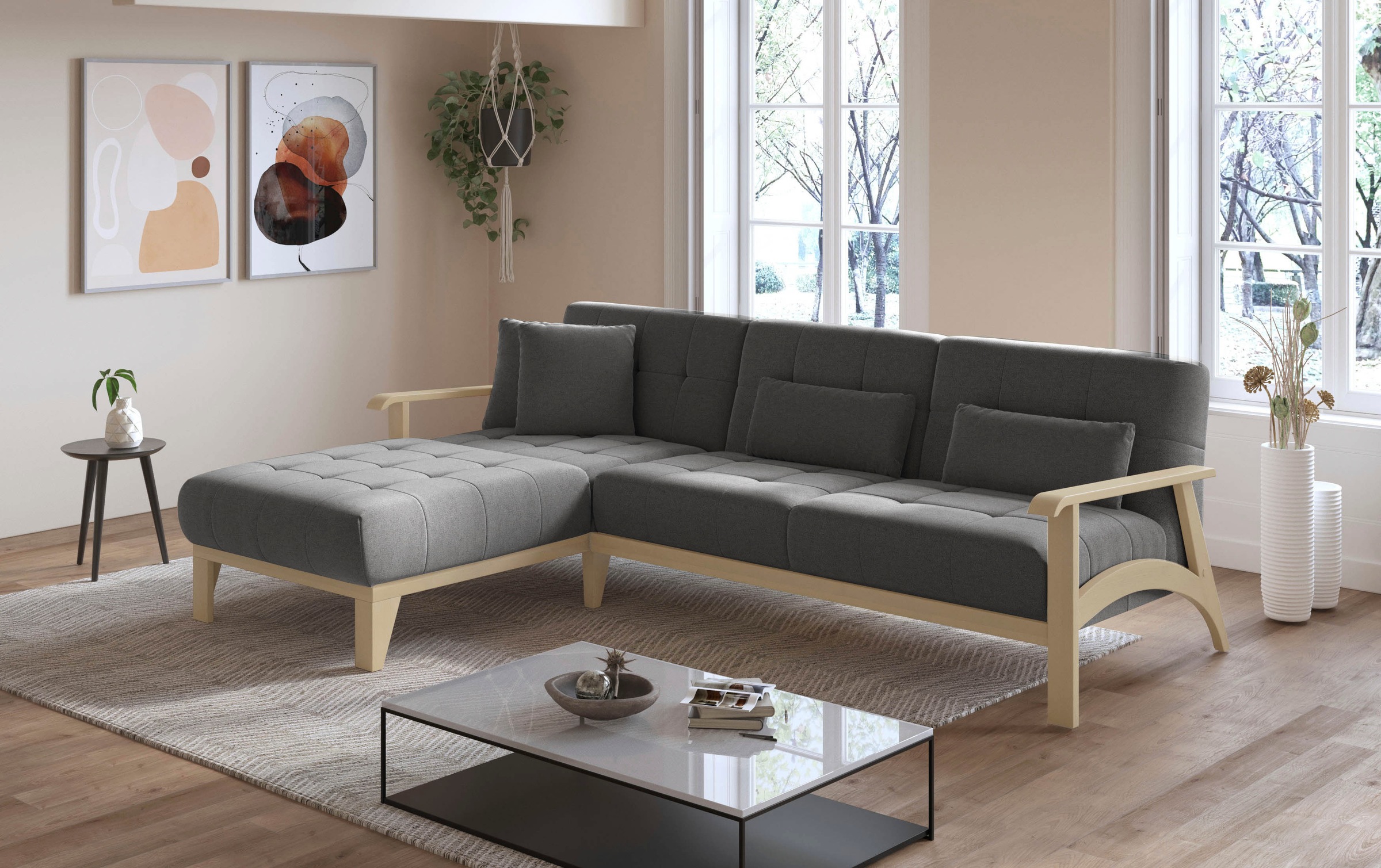 sit&more Ecksofa »Billund L-Form«, Armlehnen aus Buchenholz in natur, verschiedene Bezüge und Farben