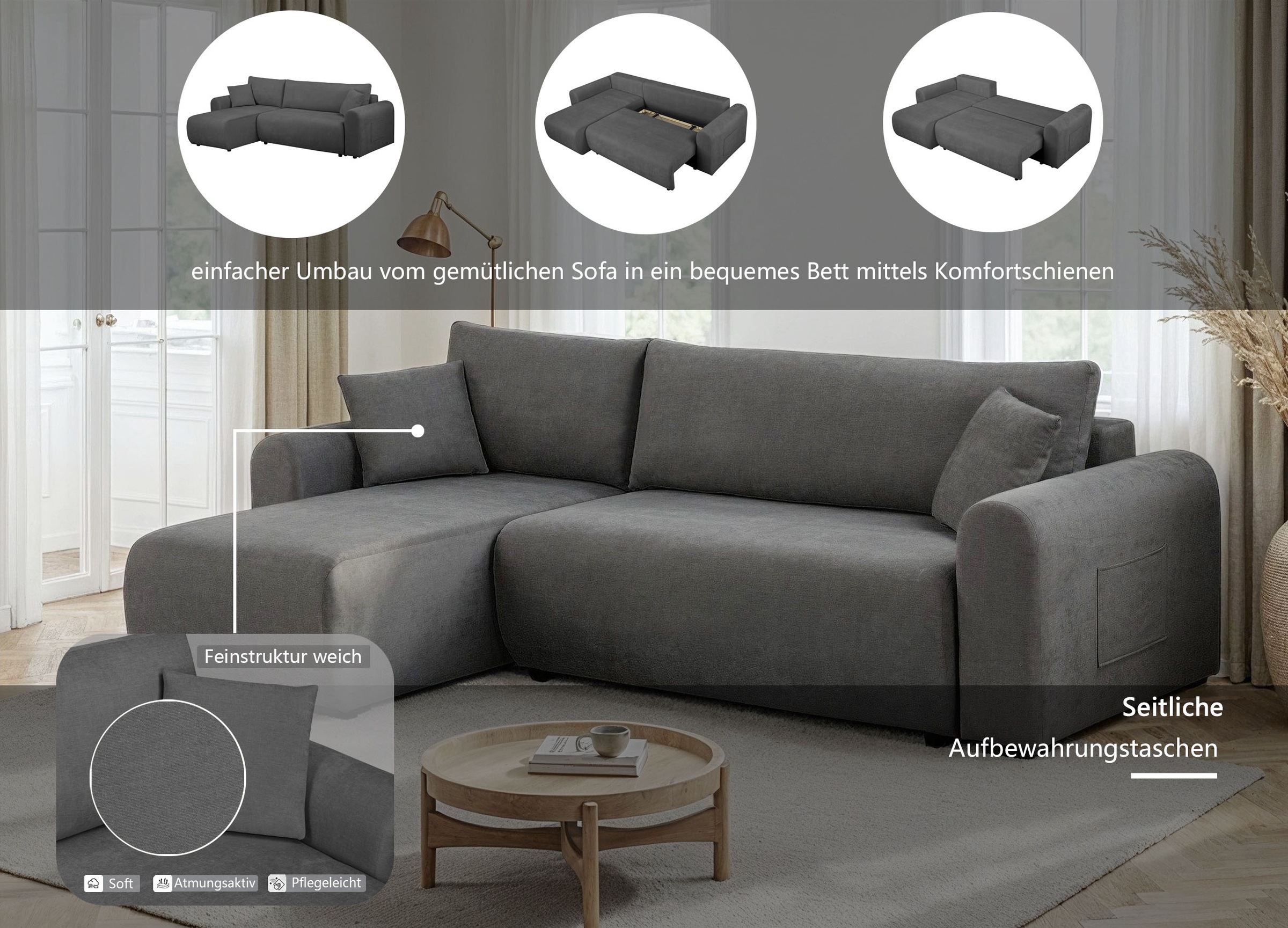 Thumbnail - OTTO home Ecksofa "JONAA, 241cm, L-Form, Schlafsofa, Boxspringfederung, Cord u. Struktur" 133/200cm, Recamiere links/rec...