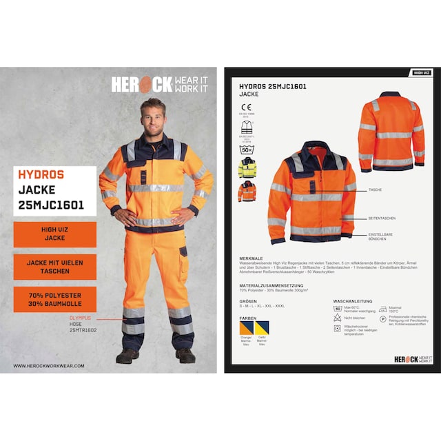 Herock Arbeitsjacke »Hydros Hochsichtbar Jacke«, Hochwertig, 5 Taschen,  eintellbare Bündchen, 5cm reflektierende Bänder für kaufen | BAUR