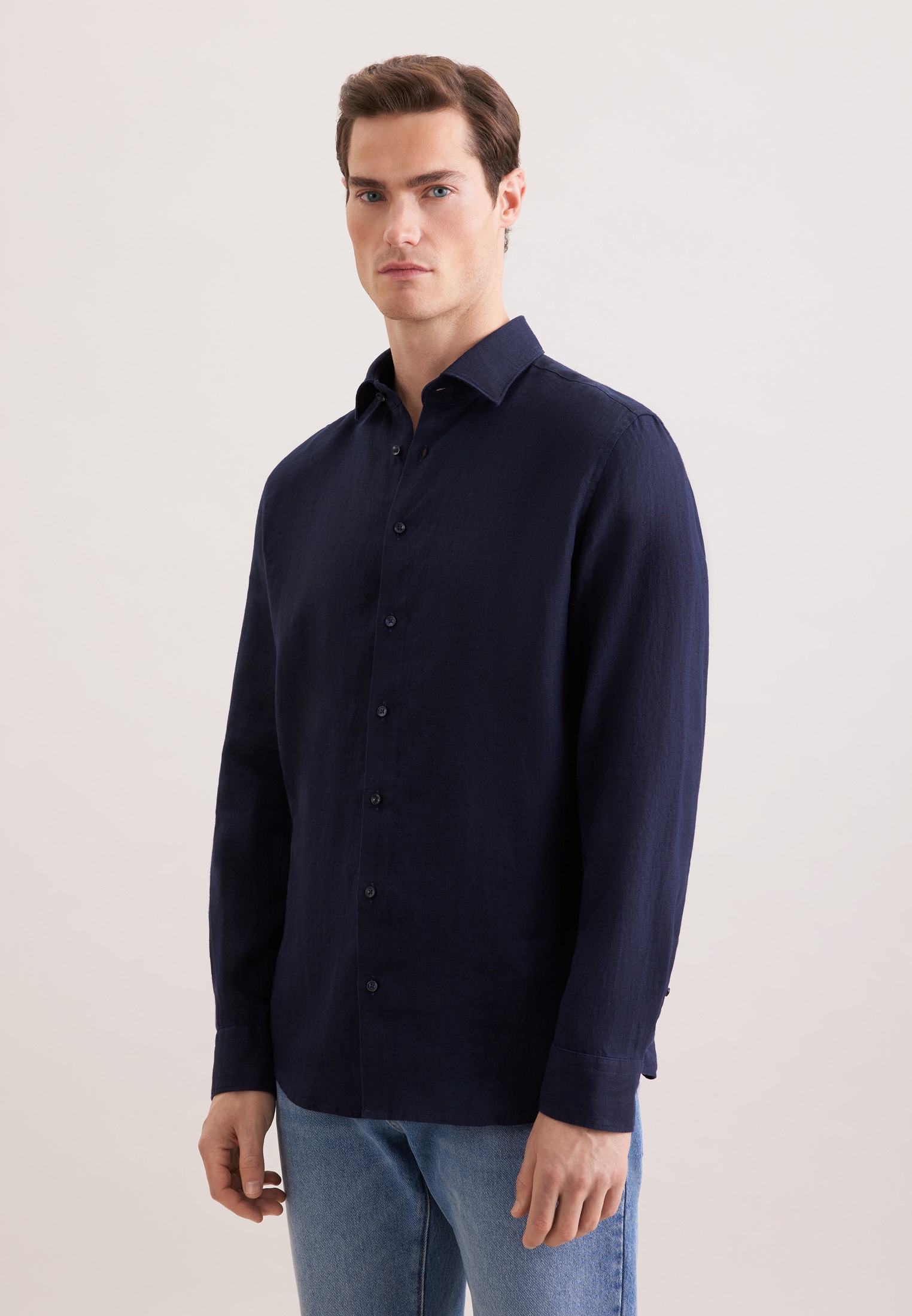 Leinenhemd SEIDENSTICKER "Schwarze Rose", Herren, Gr. XL (44), normale Ärmellängen, dunkelblau, 100% Leinen, unifarben, slim fit, 2-Knopf-Manschette, Hemden, Slim 1/1 Kentkragen Uni