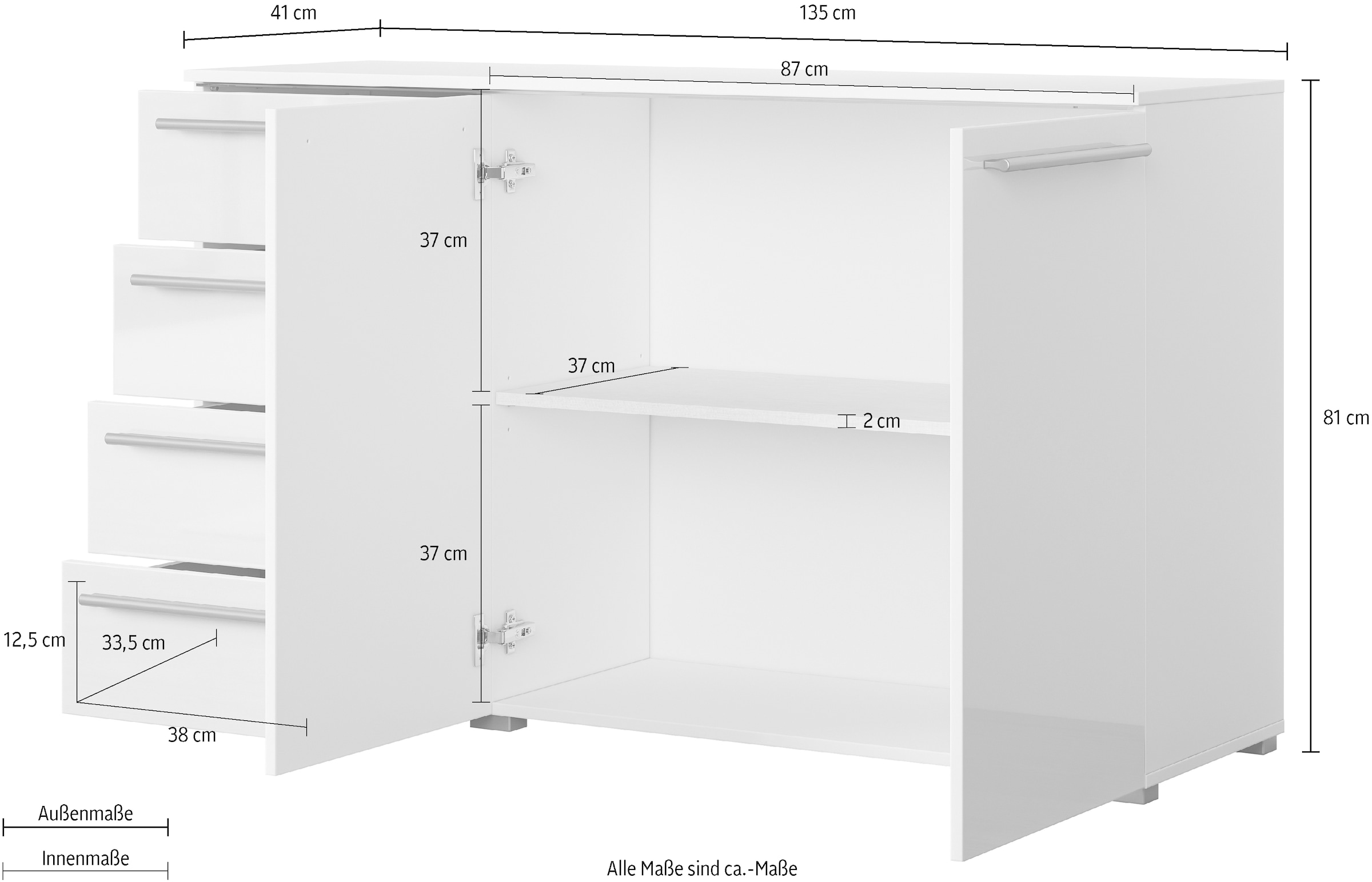 INOSIGN Sideboard »India, aus FSC-zertifiziertem Holzwerkstoff, Made in Europe«, (135x81x41 (BxHxT), Schieferoptik oder weiß mit Hochglanzfronten), Schubladenschrank inklusive Beleuchtung mit Fernbedienung