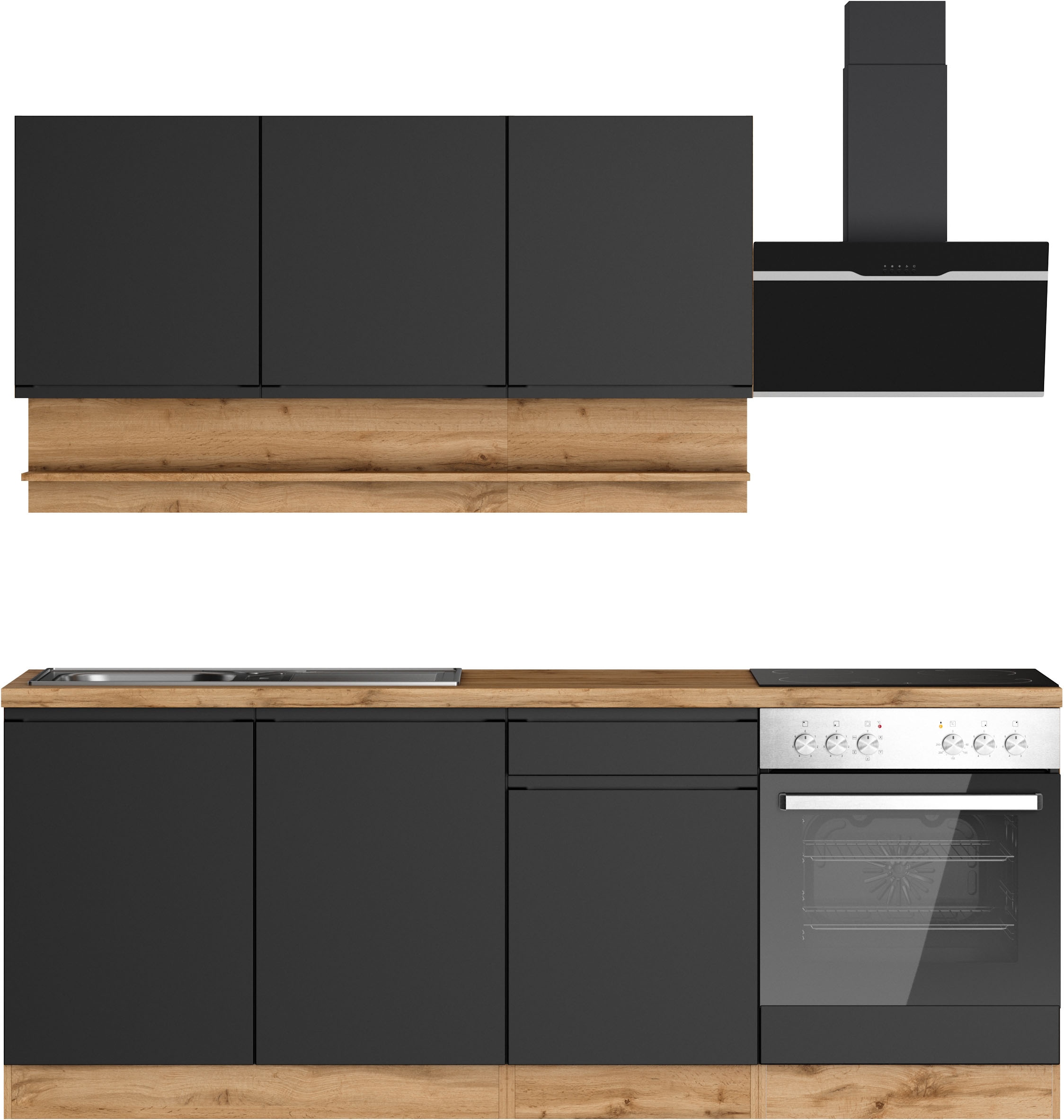 KOCHSTATION Küchenzeile "KS-Virginia,neu in verbesserter Ausführung" Arbeitsplatte 38 mm stark, Stauraum, Softclose, Breite 210 cm,Soft-Close,wahlweise mit E-Geräten