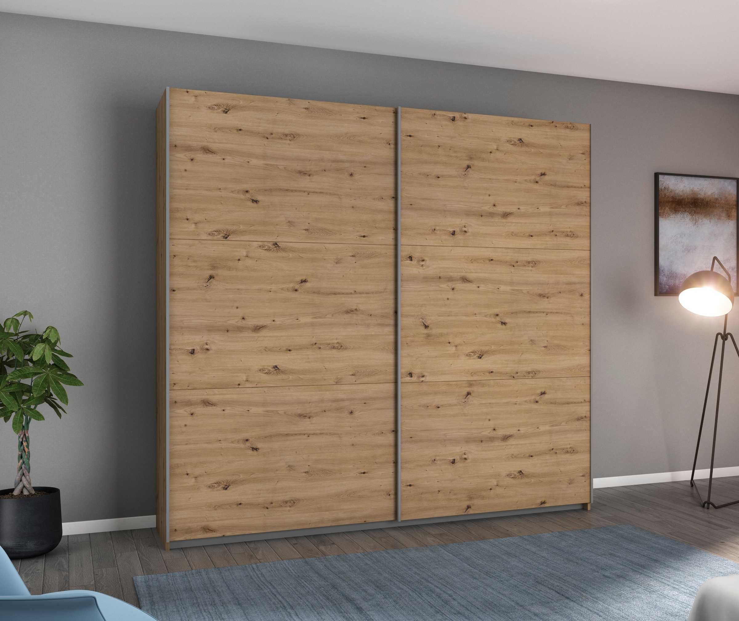 rauch Schwebetürenschrank "AURELIO Kleiderschrank Garderobe" 3 Ausstattungen BASIC/CLASSIC/PREMIUM (inkl. SOFT-CLOSE-FUNKTION), 3 verschiedene Ausstattungsvarianten Griffe aus Metall MADE IN GERMANY