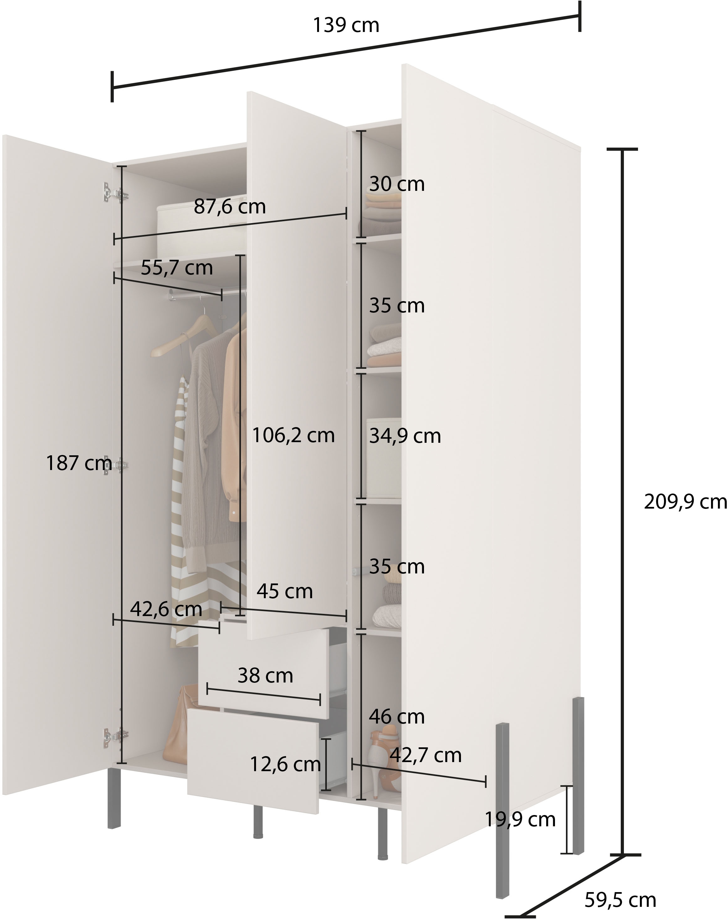 Home affaire Drehtürenschrank »Jukon, moderner Kleiderschrank«, Drehtürenschrank 3 Türen/2 Schubkästen, push to open Funktion