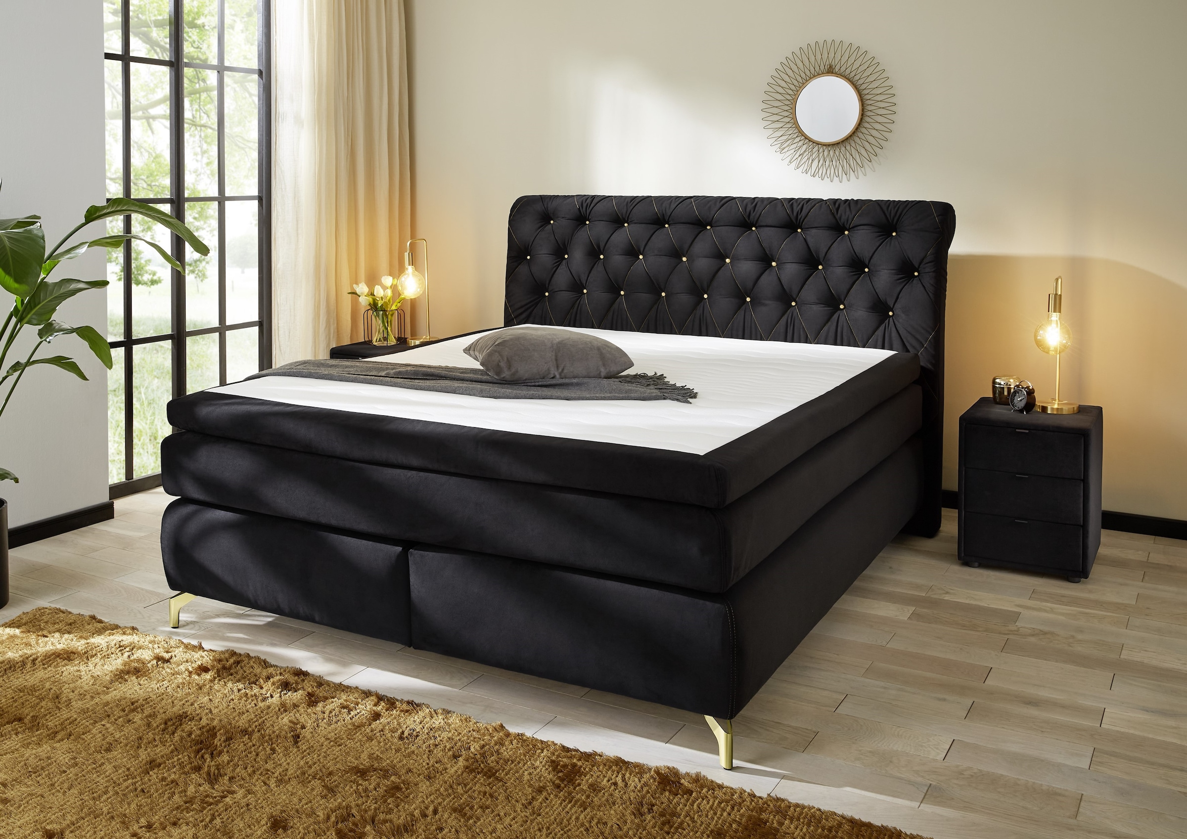 Jockenhöfer Gruppe Boxspringbett »Sancara, inklusive 7-Zonen-TTFK-Matratzen und 9 cm Kaltschaumtopper«, goldfarbige Designelemente, verschiedene Härtegrade wählbar