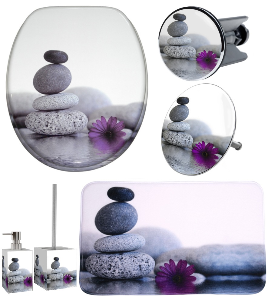 Badaccessoire-Set SANILOgrau, lila, Massivholz, Polyester, Polyresin (Kunststein), Badaccessoires-Sets, "Energy Stones", WC-Sitz, Badteppich,