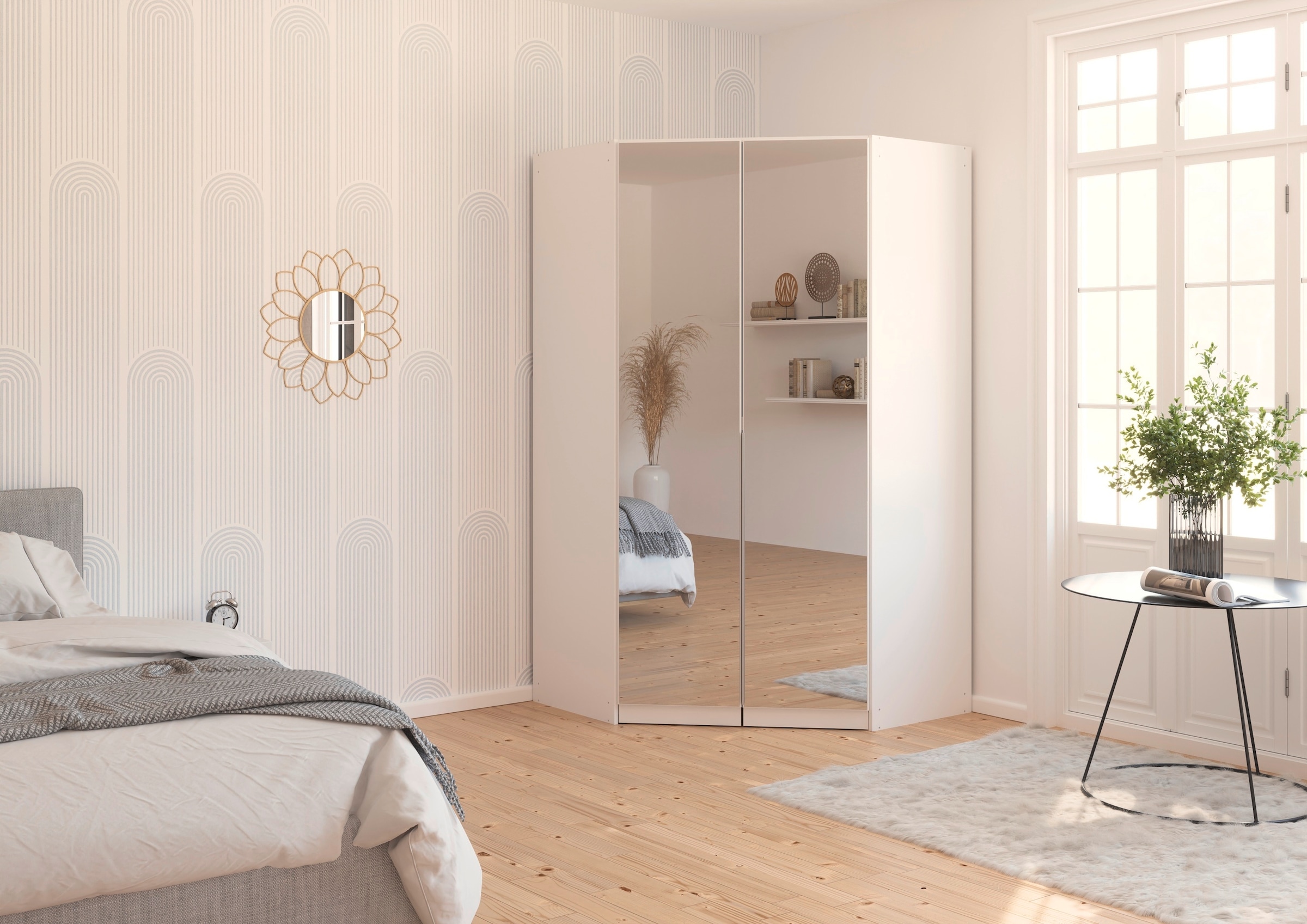 rauch Eckkleiderschrank »Kleiderschrank Schrank Ankleidezimmer Schlafzimmer Garderobe AGORDO«, (in zwei Griff-Farben), mit Spiegeltüren, voll ausgestattet mit viel Stauraum MADE IN GERMANY