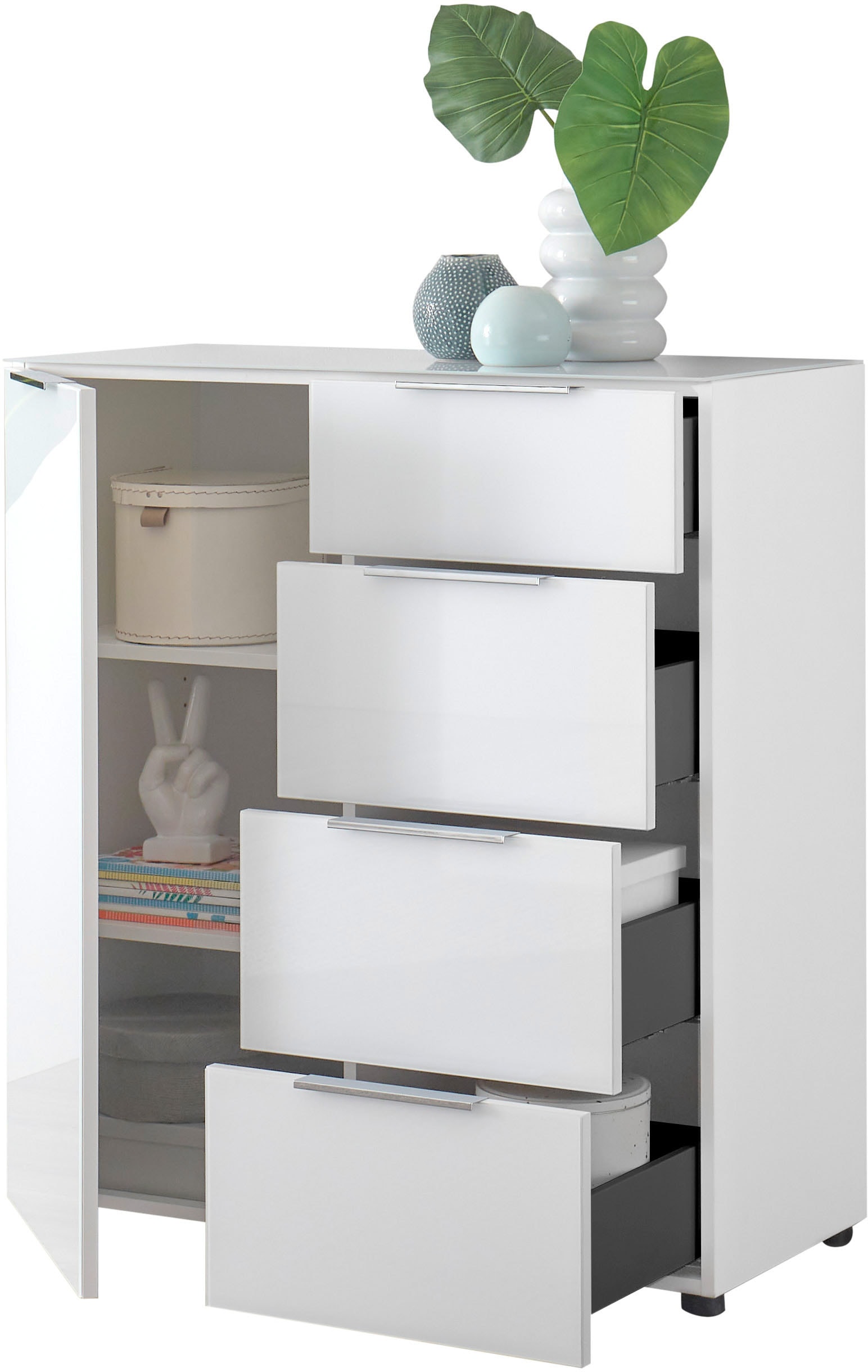 HBZ Sideboard »Santorin Mehrzweckschrank-Universalschrank, BxHxT 90x99x40 cm«, (1 St.), Mit 1 Tür und 4 Schubkästen mit Softclose, Glasfront und Glasoberboden