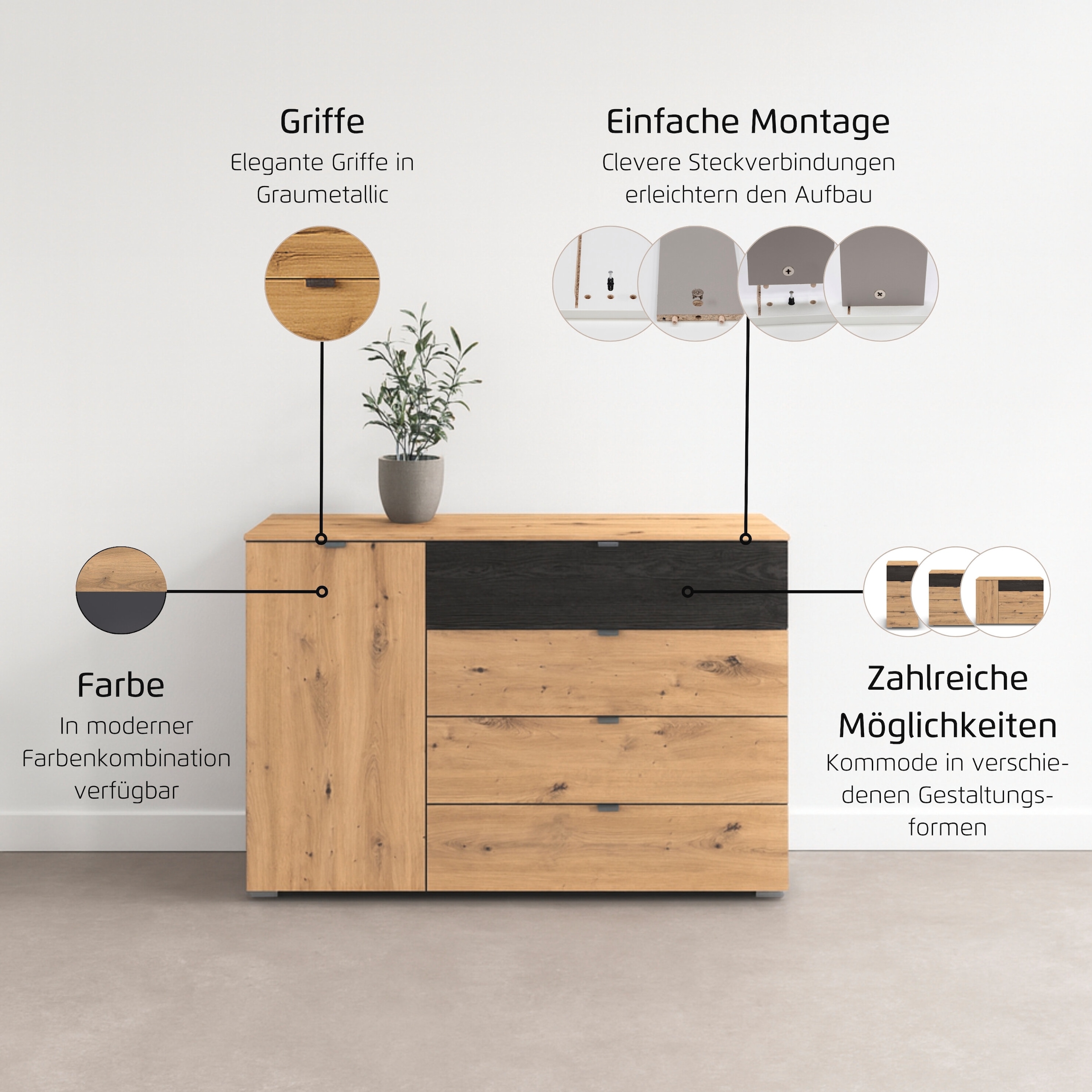 rauch Kombikommode »Sideboard Kombikommode Schubladenkommode APOLLON« Breite 120 cm, Höhe 81 cm,  1 Tür, 4 breite Schubladen, Einlegeböden verstellbar MADE IN GERMANY