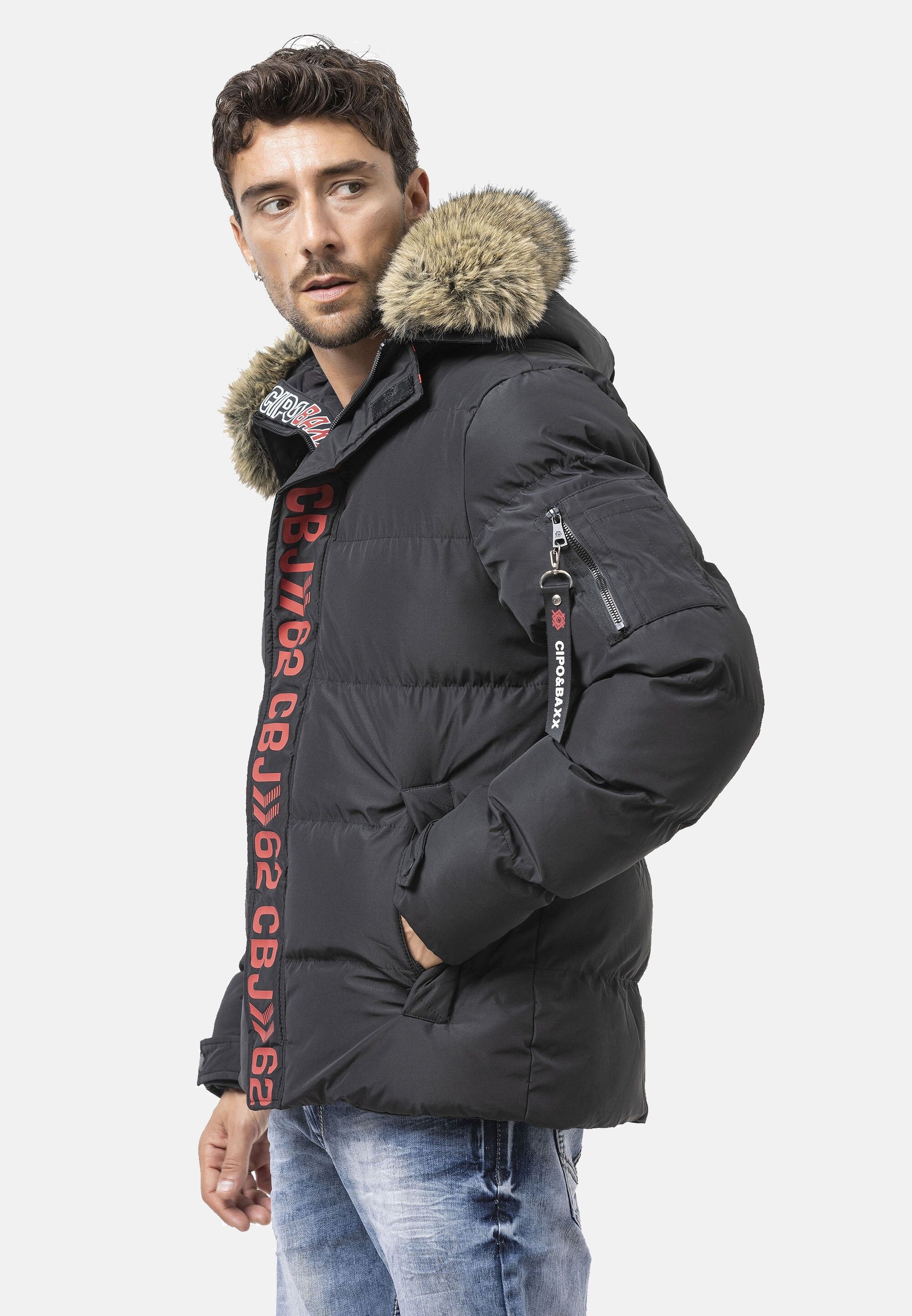 Cipo & Baxx Winterjacke »CM227« mit Kapuze warm gefüttert mit Fellkapuze & Cipo & Baxx Front-Design