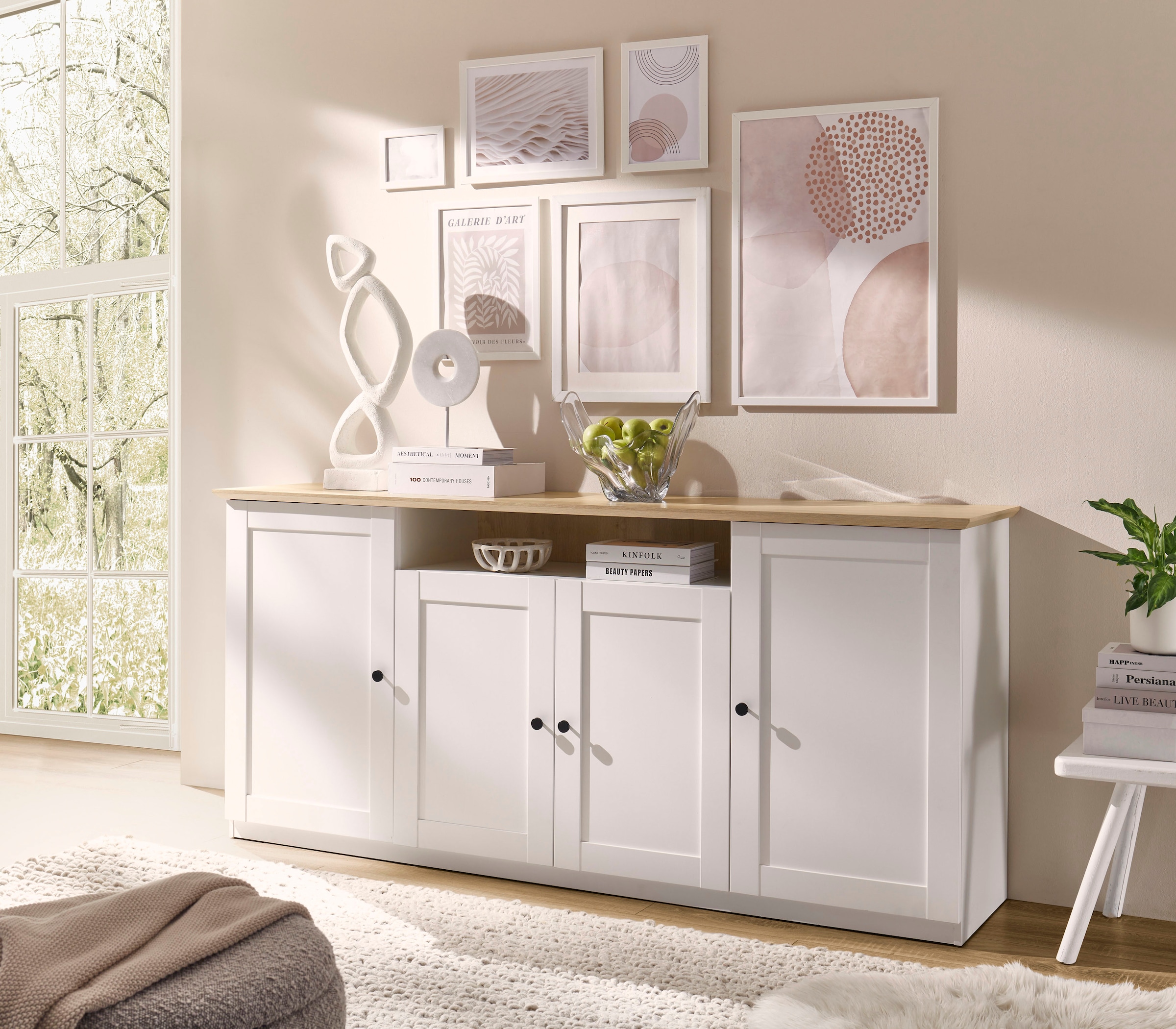 OTTO home Sideboard "Brest, Schrank im Landhausstil, Kommode, zeitloses Stauraumelement" schwarze Metallgriffe, ausreichend Stauraum, 204 cm breit
