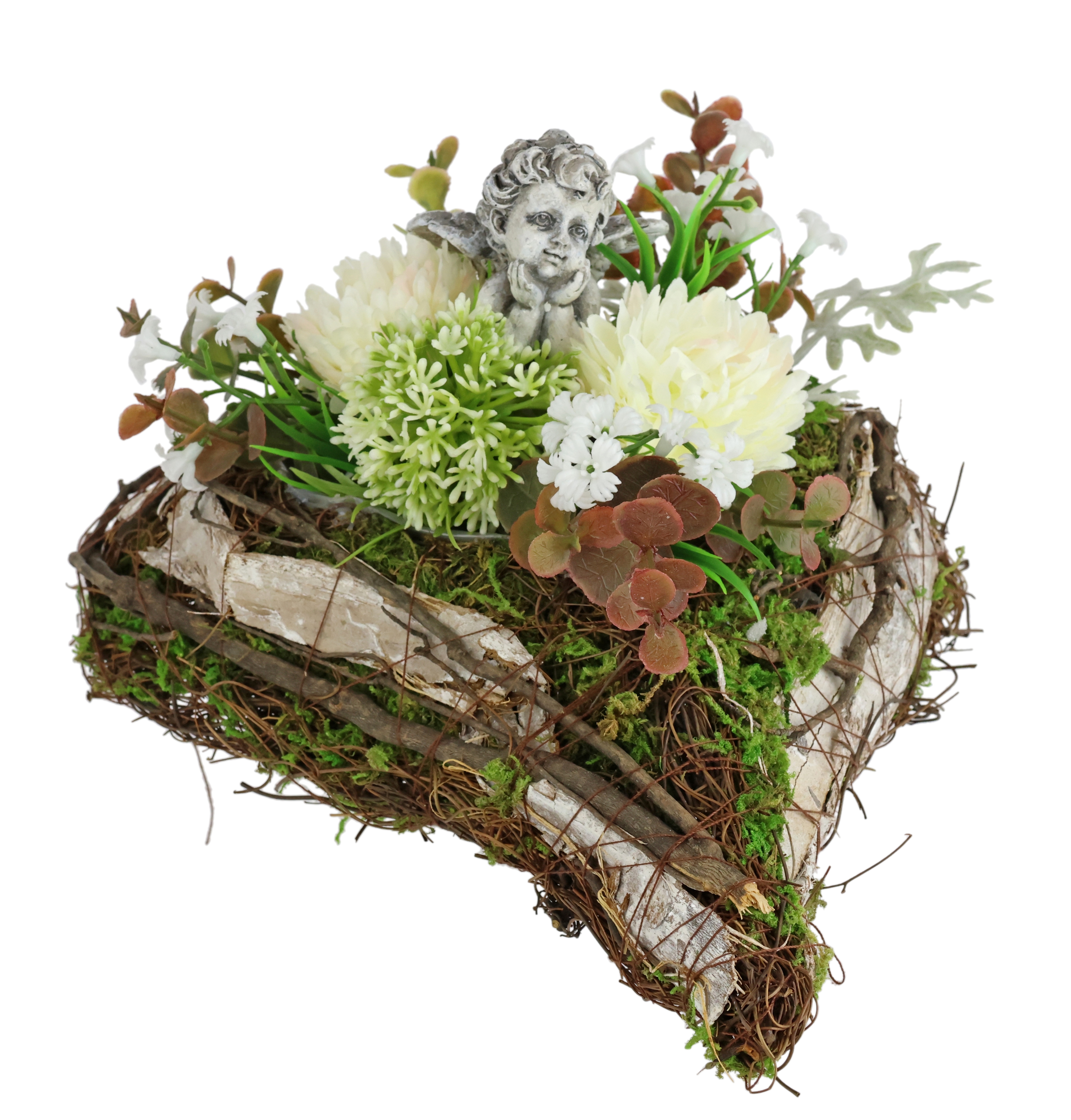 OTTO home Kunstblume "Gesteck mit Chrysanthemen, Allium und Engel im Pflanz-Herz" Florales Herzgesteck mit weißen Kunstblumen und Engel