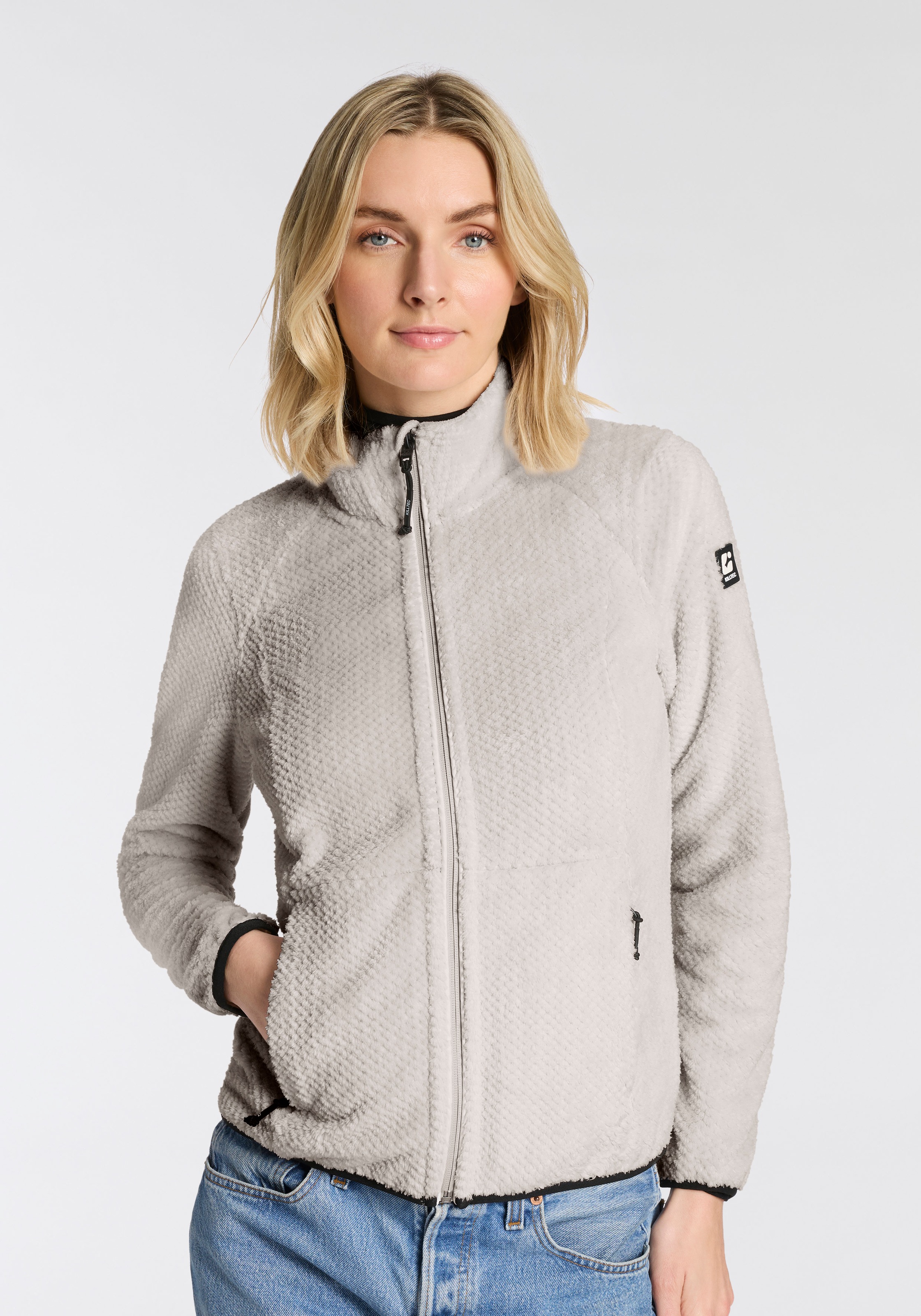 Fleecejacke KILLTEC "KOW 6 WMN KNTFLC JCKT", Damen, Gr. 48, weiß (weißer sand), Obermaterial: 100% Polyester, Jacken Fleecejacke, Übergangsjacke, windabweisend, mit Stehkragen