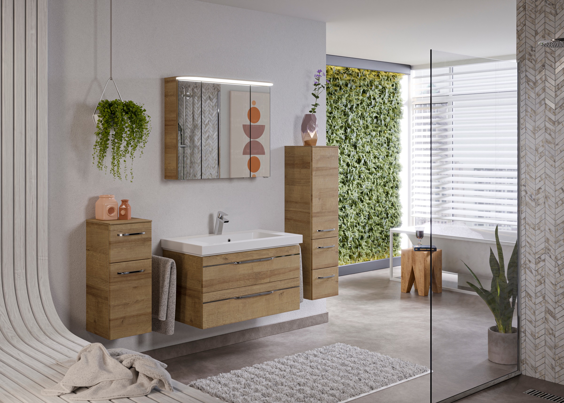 Saphir Badmöbel-Set »Balto Sprint 4-teilig, Mineralmarmor-Waschtisch mit LED-Spiegelschrank«, (5 St.), Midischrank und Unterschrank, inkl Türdämpfer, 5 Türen, 5 Schubladen