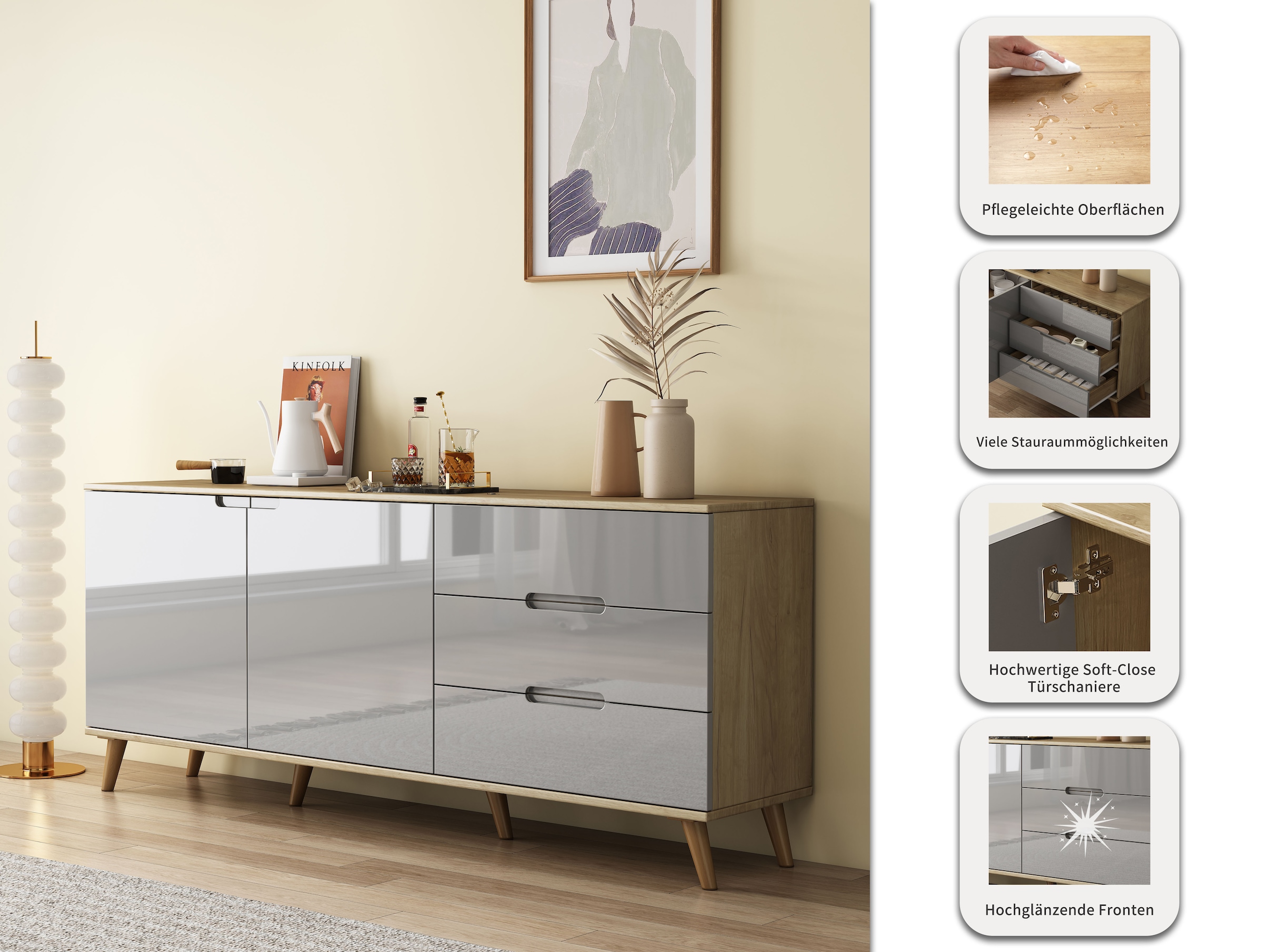 OTTO home Sideboard »Lund« mit glänzenden Fronten, Griffmulden, helles Holzdekor, Breite 180 cm