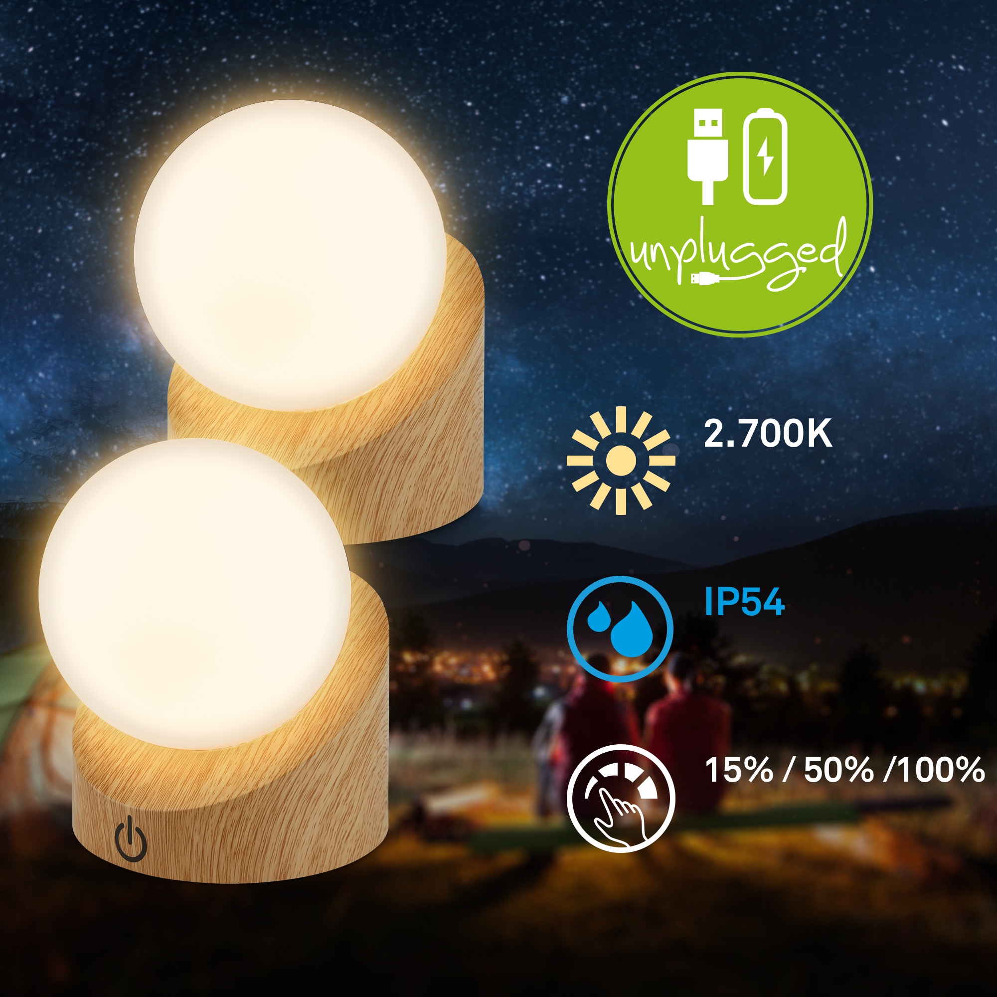 Briloner Leuchten LED Außen-Tischleuchte »SORA« LED-Board 2 Stk. Warmweiß kabellos 10x8x9cm Holzfarben 2W Kinderzimmer Outdoor Außen 2er-Set