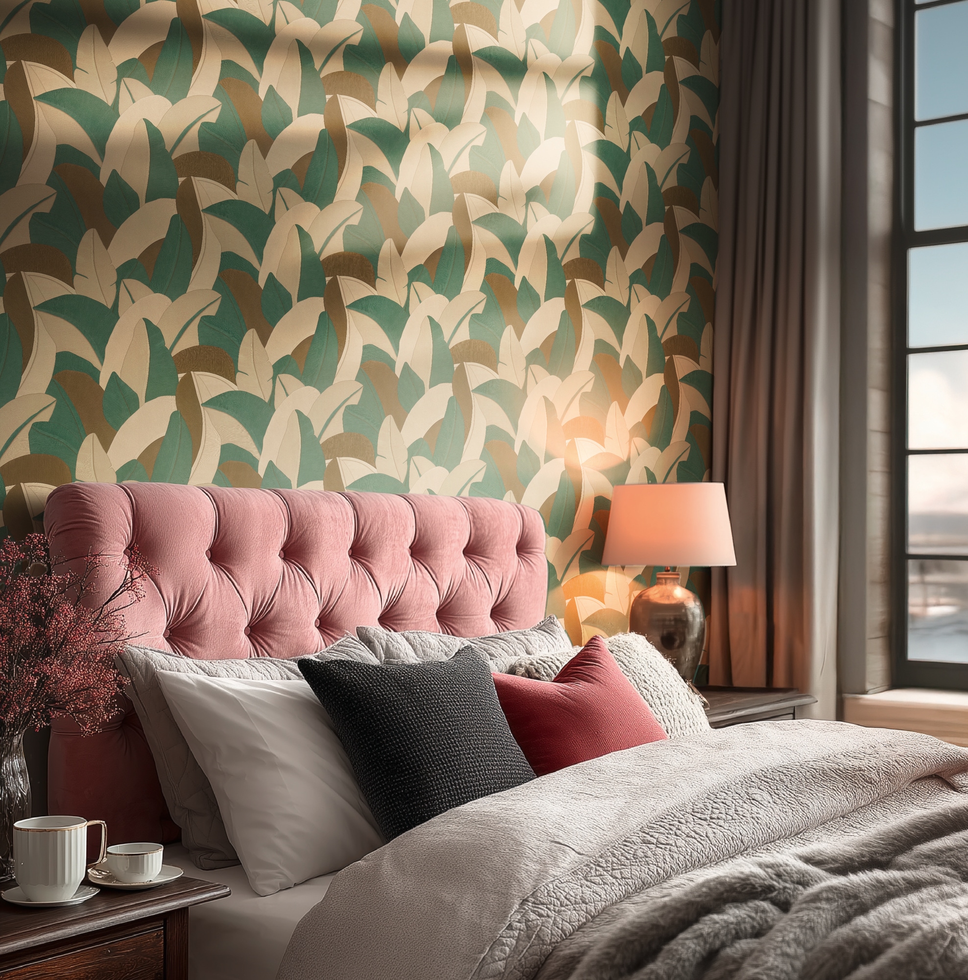 living walls "Vibes & Styles Isabelle – Golden Canopy Vliestapete" glänzend leicht strukturiert Großflächiges Blattdesign mit feiner Struktur und Glanzeffekt
