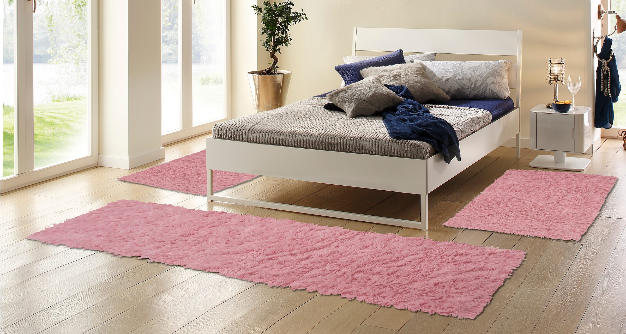 Böing Carpet Bettumrandung »Flokati 1500 g«, (3 tlg.), Bettvorleger, Läufer-Set, Uni-Farben, reine Wolle, handgewebt