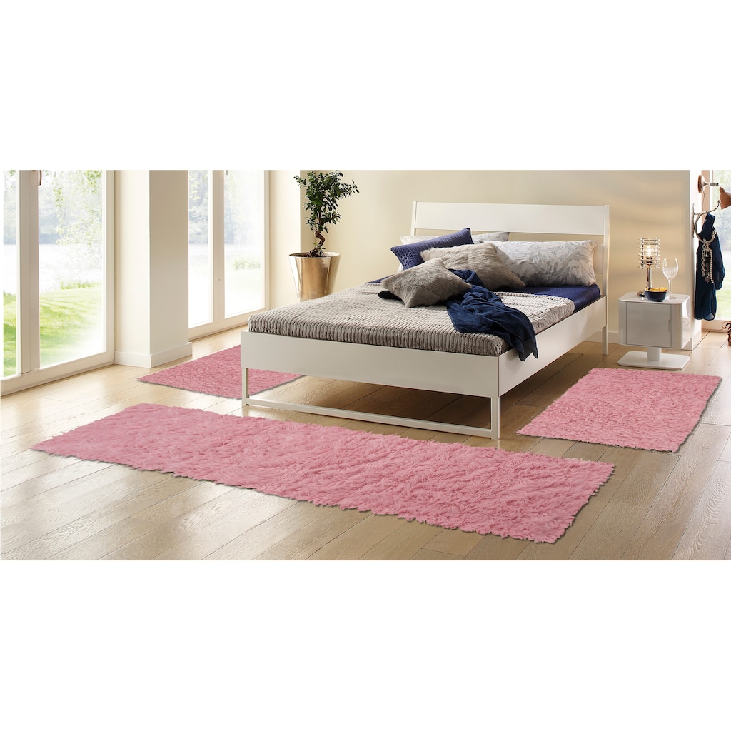 Böing Carpet Bettumrandung »Flokati 1500 g«, (3 tlg.), Bettvorleger, Läufer-Set, Uni-Farben, reine Wolle, handgewebt