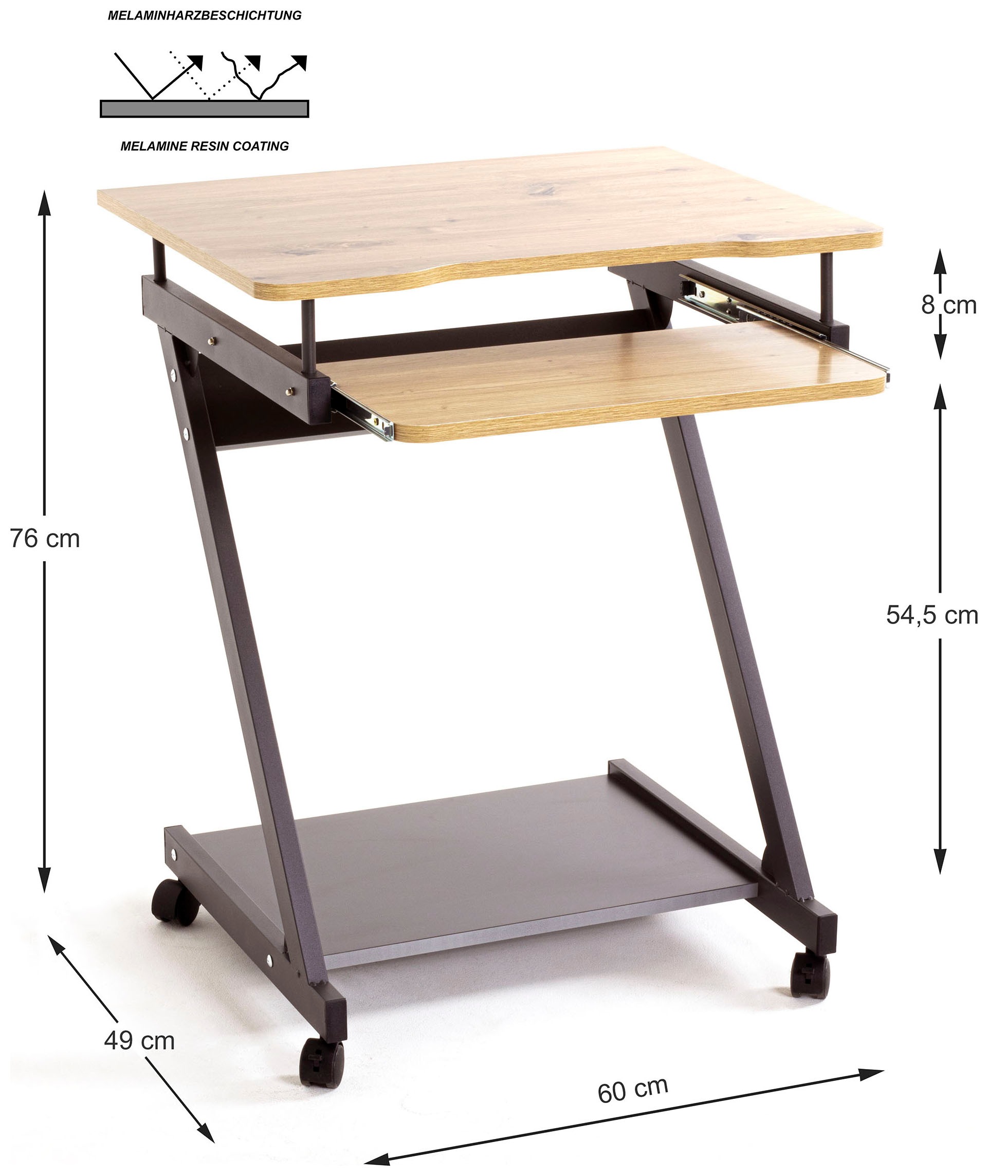 HAKU Computertisch »IT-Wagen, Notebookwagen, Schreibtisch« 1 Stk. tlg. rechteckig - aus MDF Braun B/T/H 60/49/76 cm