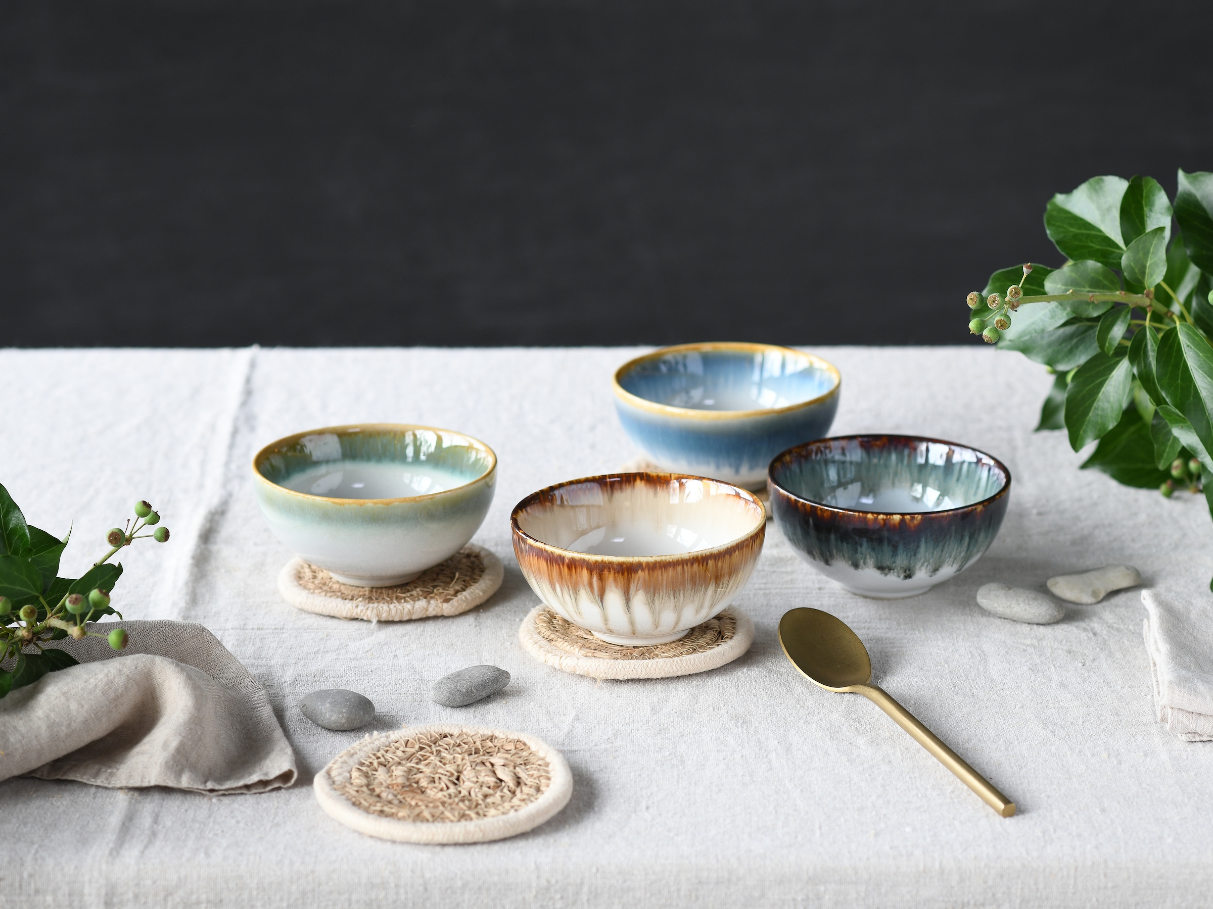 CreaTable Dipschale »Cascade, Schale 4-tlg«, 4 tlg., aus Steinzeug, Rekativglasur, Healthy Food