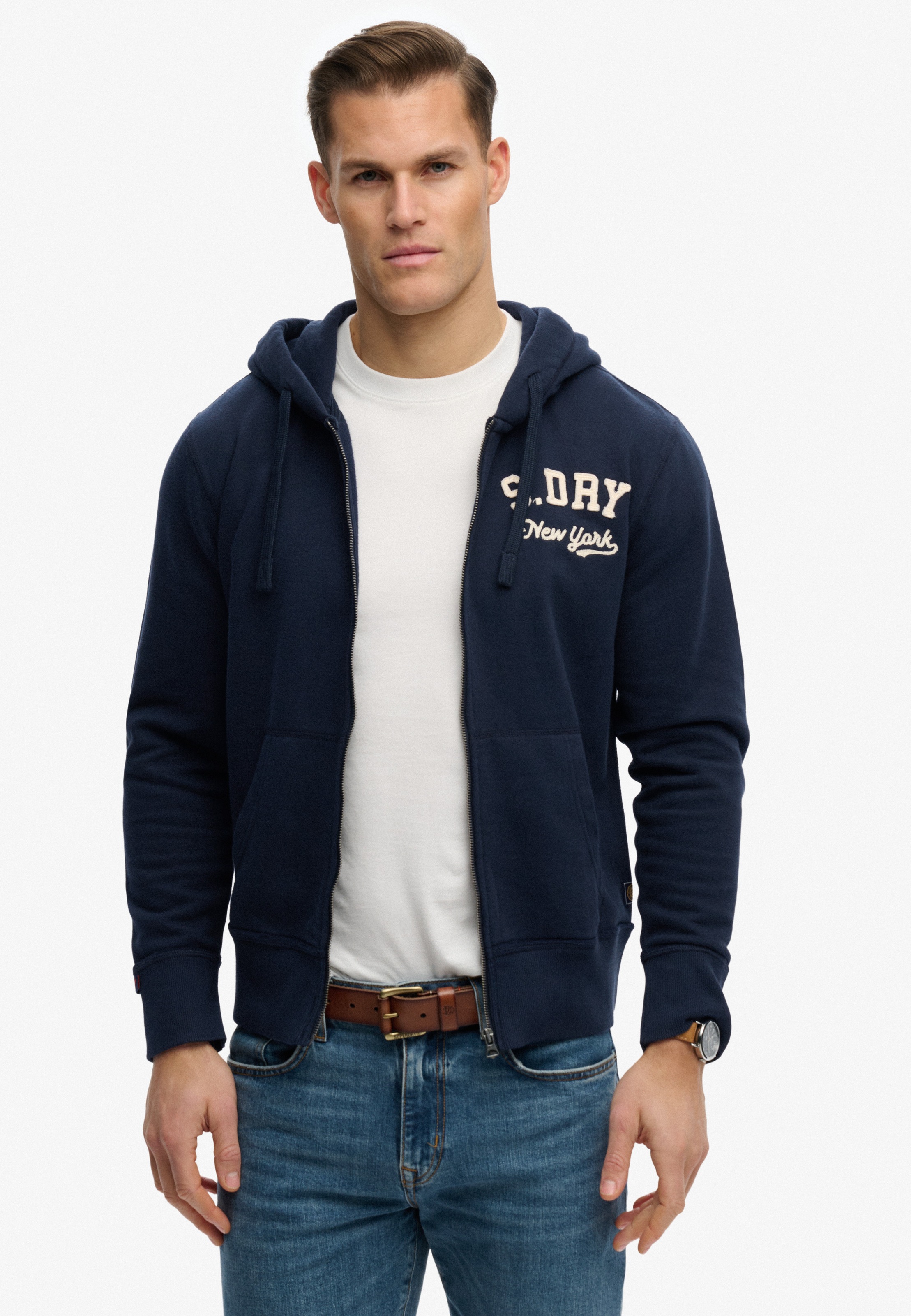 Superdry Kapuzensweatjacke "VINTAGE ATHLETIC ZIPHOOD" aus Baumwolle und angerauter Sweatware, Loose Fit, mit Reißverschluss