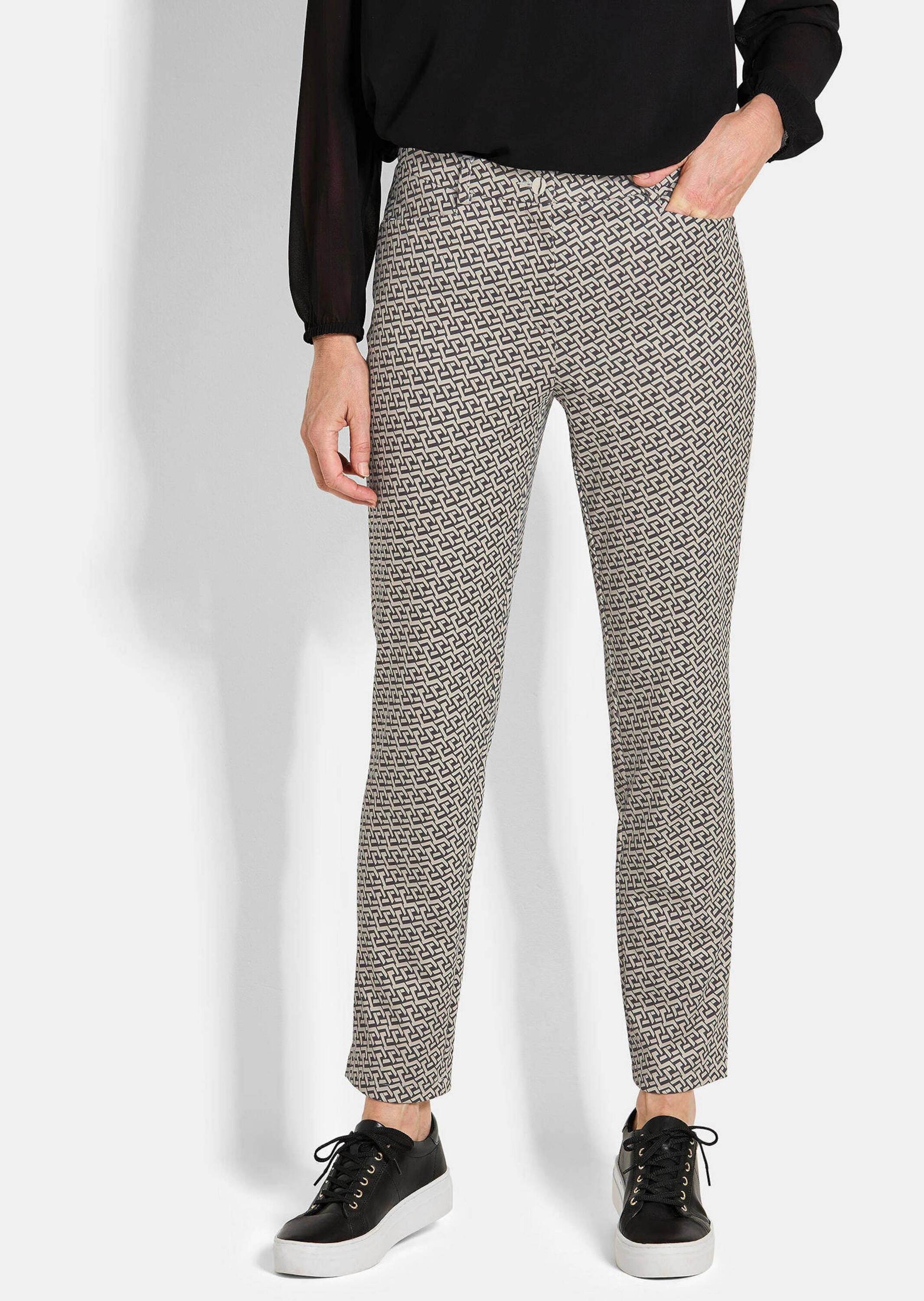 Stoffhose GOLDNER "Kurzgröße Slim Fit Printhose mit hohem Bund", Damen, Gr. 24, K-Gr, beige (beige, schwarz, gemustert), Obermaterial: 89% Polyester PES. 11% Elasthan EL., Hosen Stoffhose 2