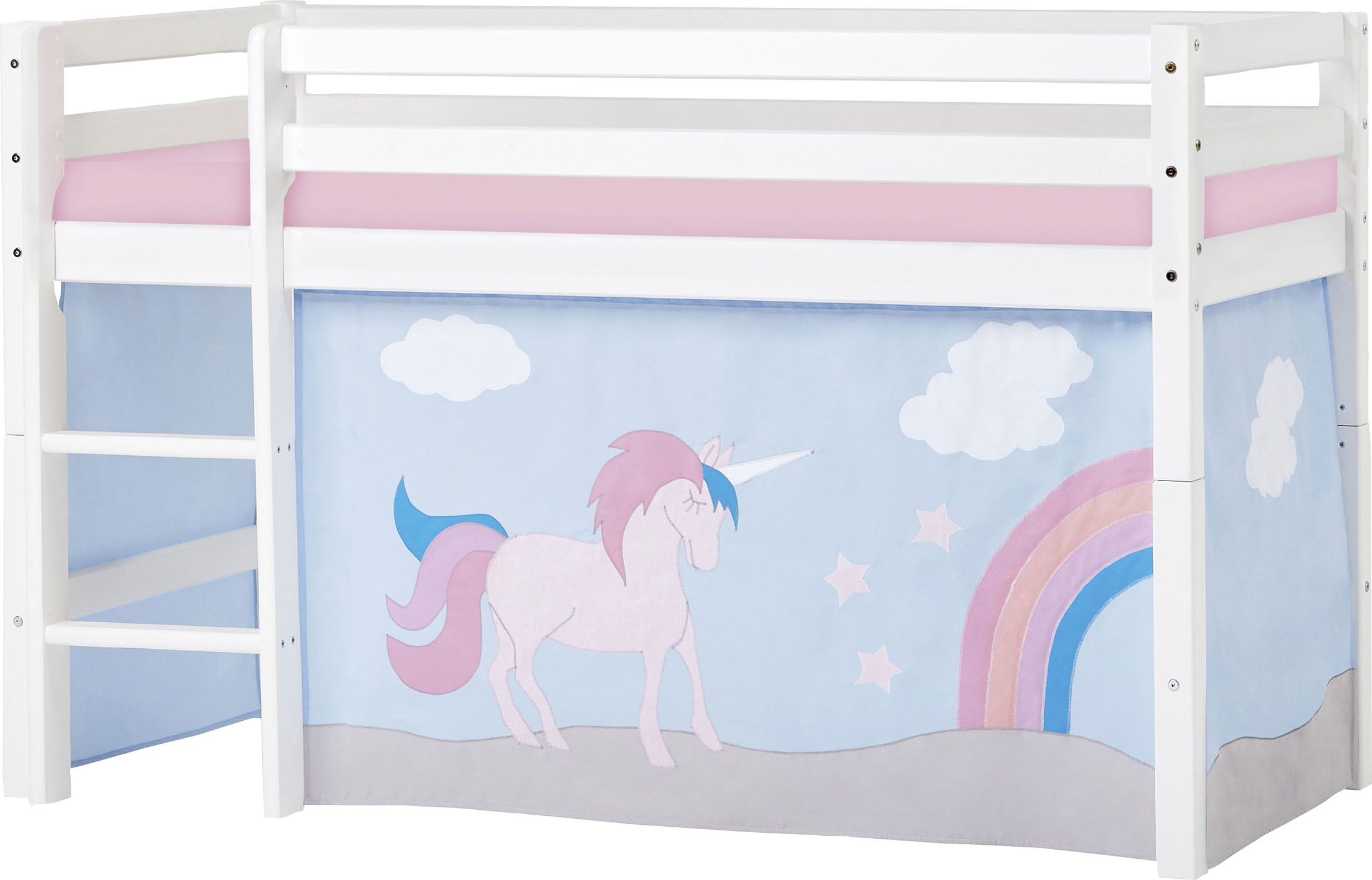 Hochbett »«Einhorn»«, mit Vorhang & Matratze 2 Größen umbaubar