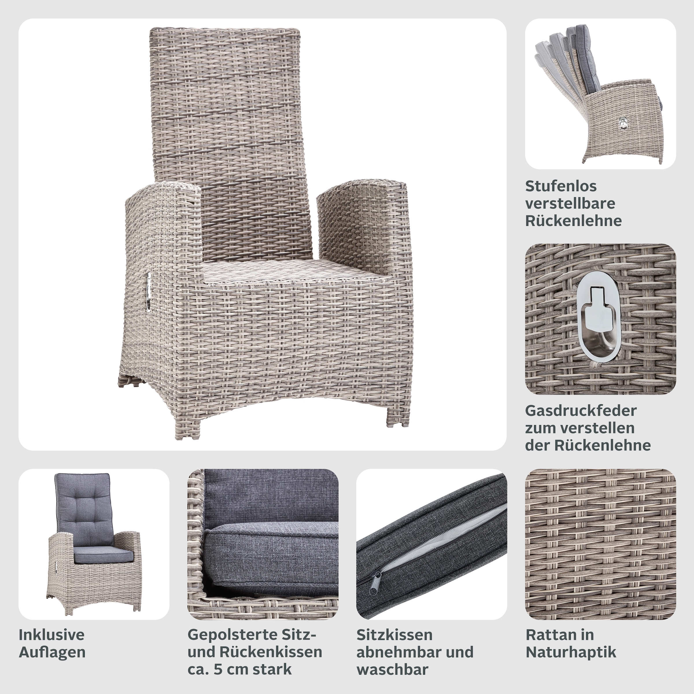 KONIFERA Garten-Essgruppe »Monaco«, (Set, 16 tlg., 1x2er Sofa, 2x Sessel, 2x Hocker, 1x Tisch 120x70x66cm, inkl. Auflagen), Polyrattan, Aluminium, Rückenlehne verstellbar, Grau