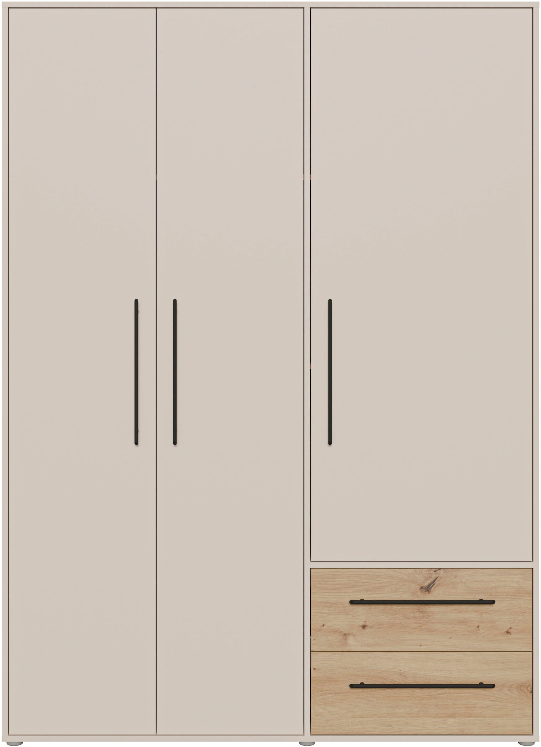FORTE Drehtürenschrank »Mokkaris, OTTOs Choice, TOPSELLER! 3 Türen, zeitloses Design«, (BHT ca. 145x200x59cm), Schubladen + schwarze Stangengriffe, Made in Europe, viel Stauraum