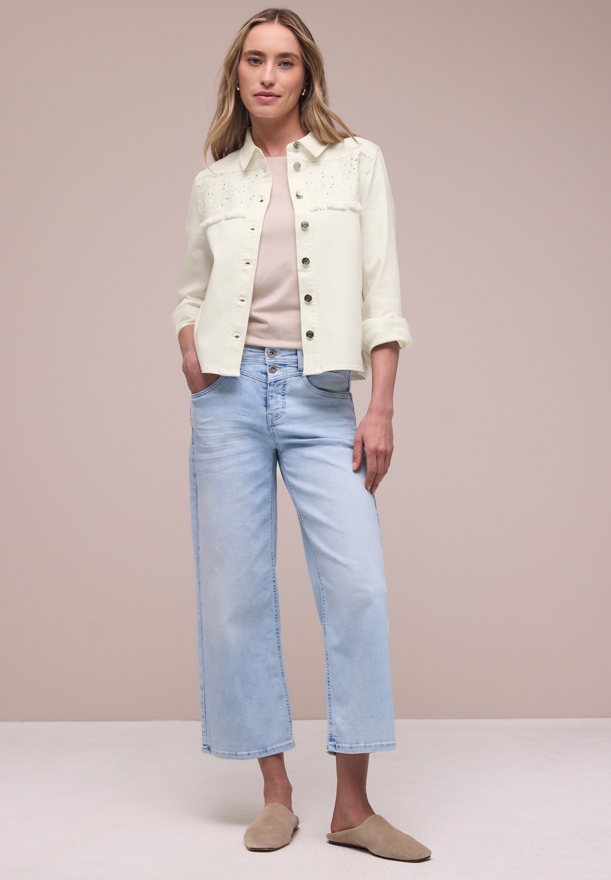 STREET ONE Jeansjacke ohne Kapuze mit Knopfleiste und Stickerei