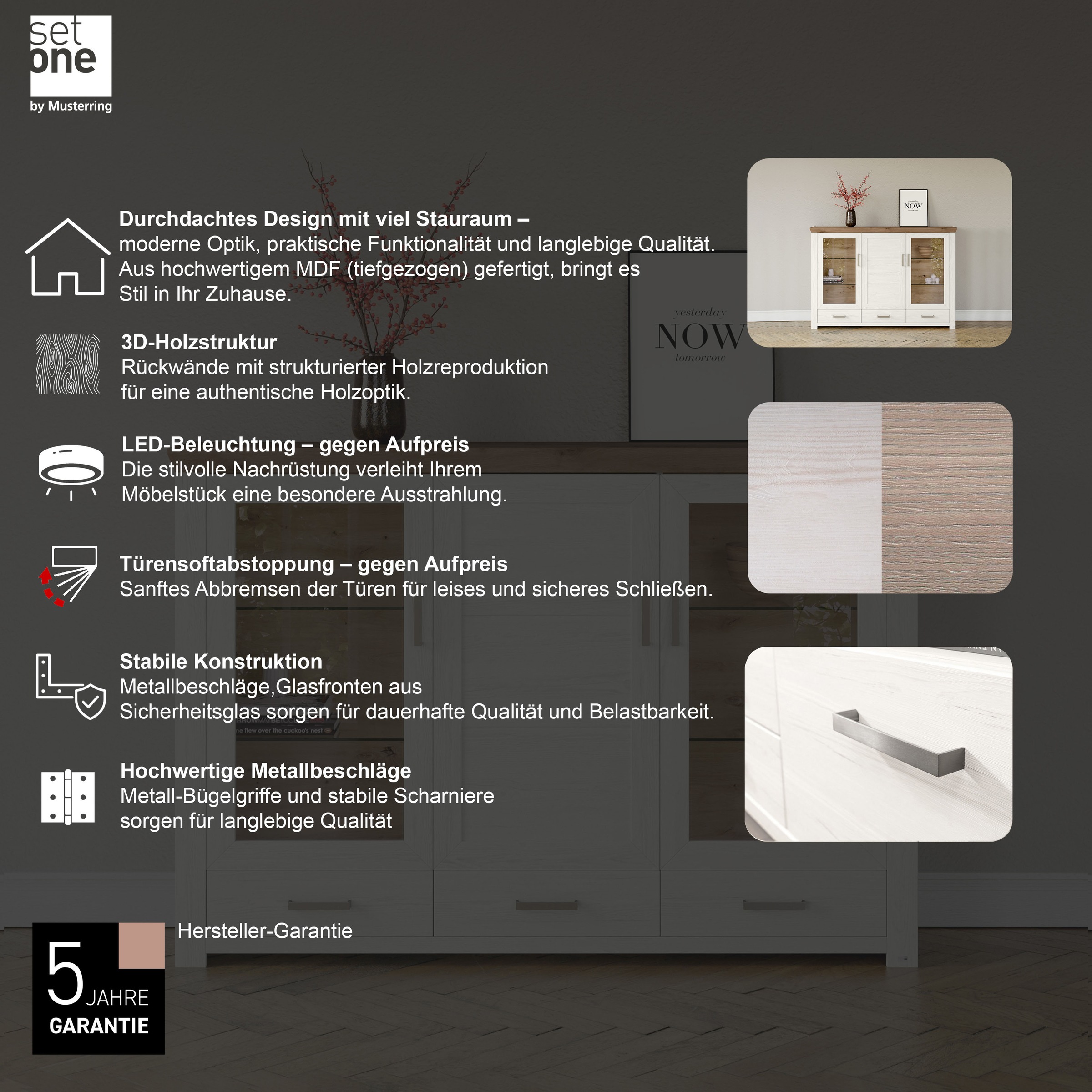set one by Musterring Highboard »York«, Typ 57, mit Glastüren, viel Stauraum, Beleuchtung optional, B 184 cm