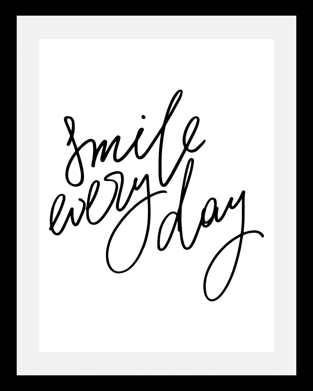 queence Bild »Smile«, Sprüche & Texte-Schriftzug-Schwarz-Weiß-Motivationsbilder, HD Premium Poster-Druck inkl. Holzrahmen