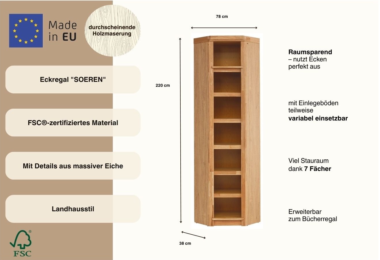 OTTO home Eckregal »Soeren mit Eiche-Elementen, Regal Höhe 220 cm, FSC®-zertifiziert« passend für Regale Soeren mit einer Tiefe von 29 cm