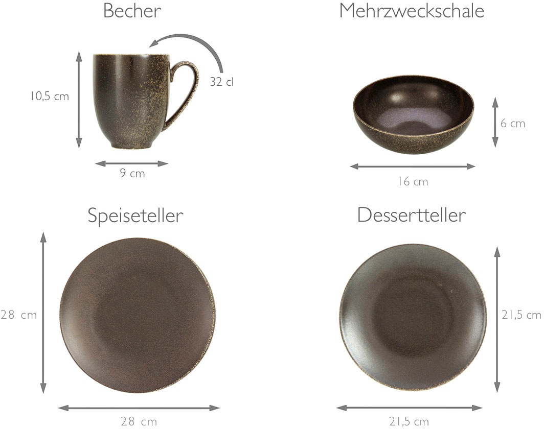 CreaTable Kombiservice »Geschirr-Set Rusty«, (Set, 16 tlg., Kaffeeservice und Tafelservice im Set, für 4 Personen), Service, seidenmatte Glasur, 16 Teile, für 4 Personen