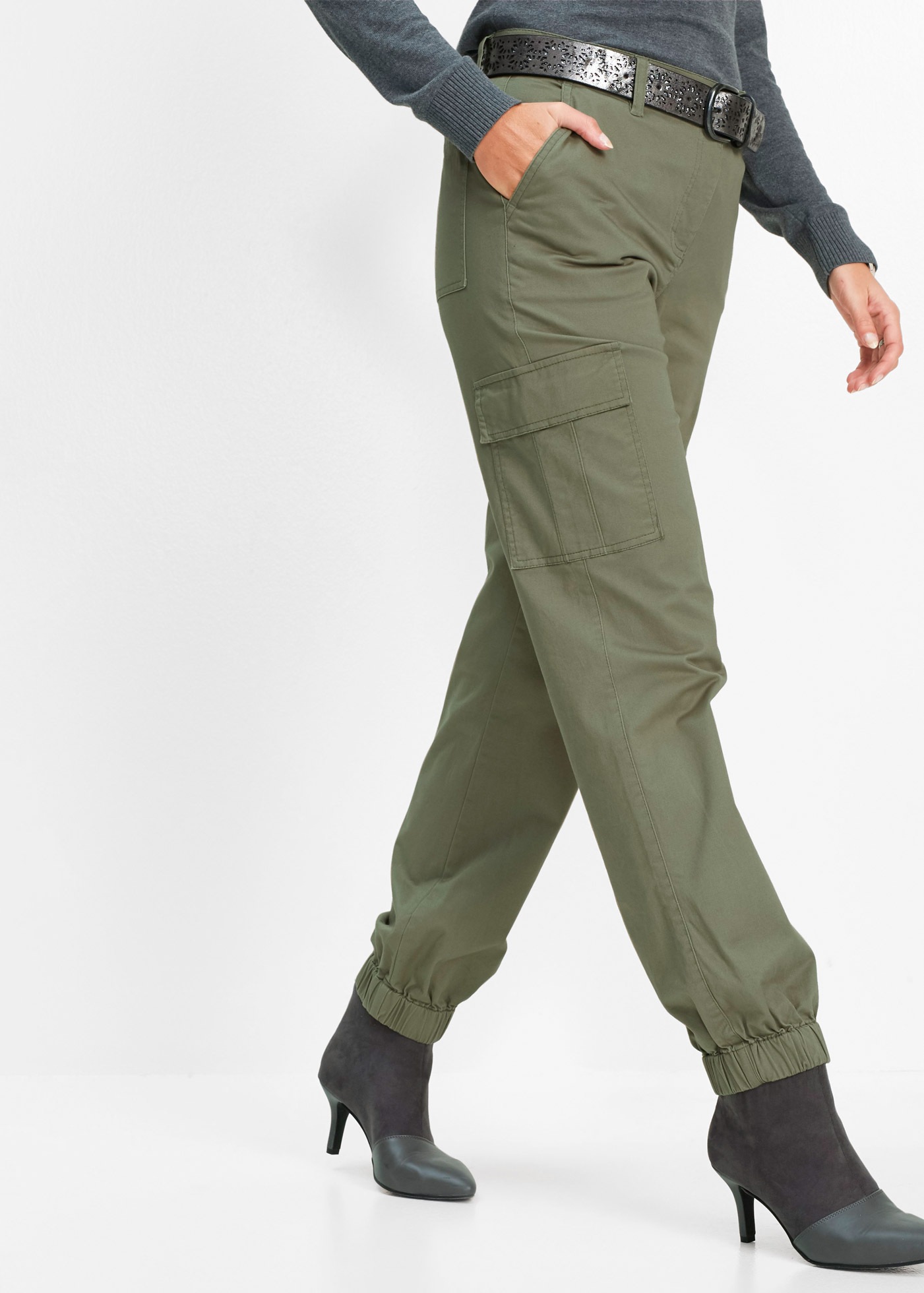 Cargohose BONPRIX, Damen, Gr. 36, N-Gr, oliv, Web, Obermaterial: 97% Baumwolle, 3% Elasthan, loose fit, Hosen Cargohose, aus Baumwolle mit Elasthan, lockere Passform, mit Bequembund