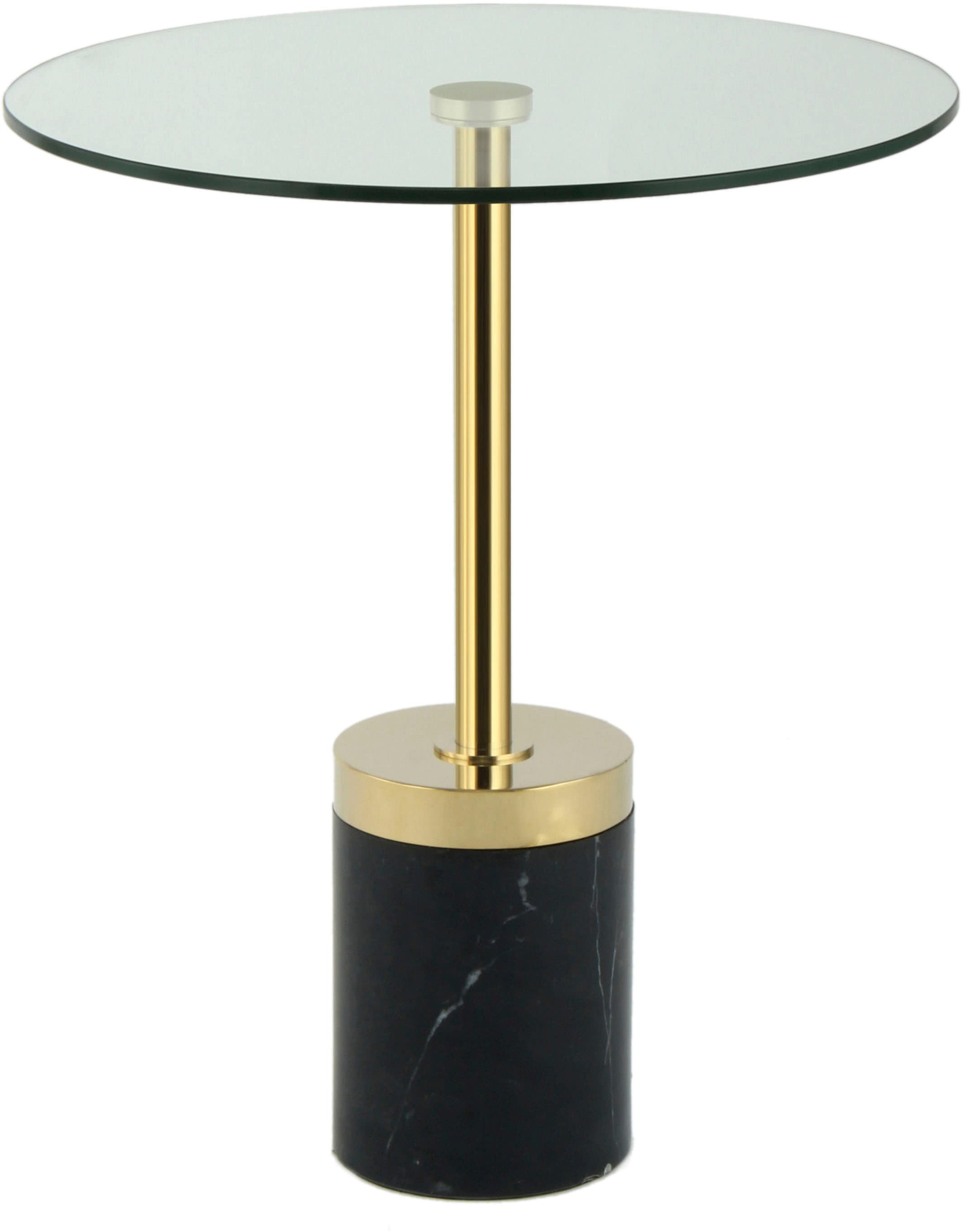 Beistelltisch KAYOOM "Lana 125, robuste Glasplatte, Sockel in Mamor Optik", schwarz (gold, schwarz, gold, klar), B:46cm H:53cm T:46cm, 100% Edelstahl, 100% Glas, 100% Marmor, Tische, Beistelltisch, robust, pflegeleicht, hochwertig, Outdoor und Indoor geei