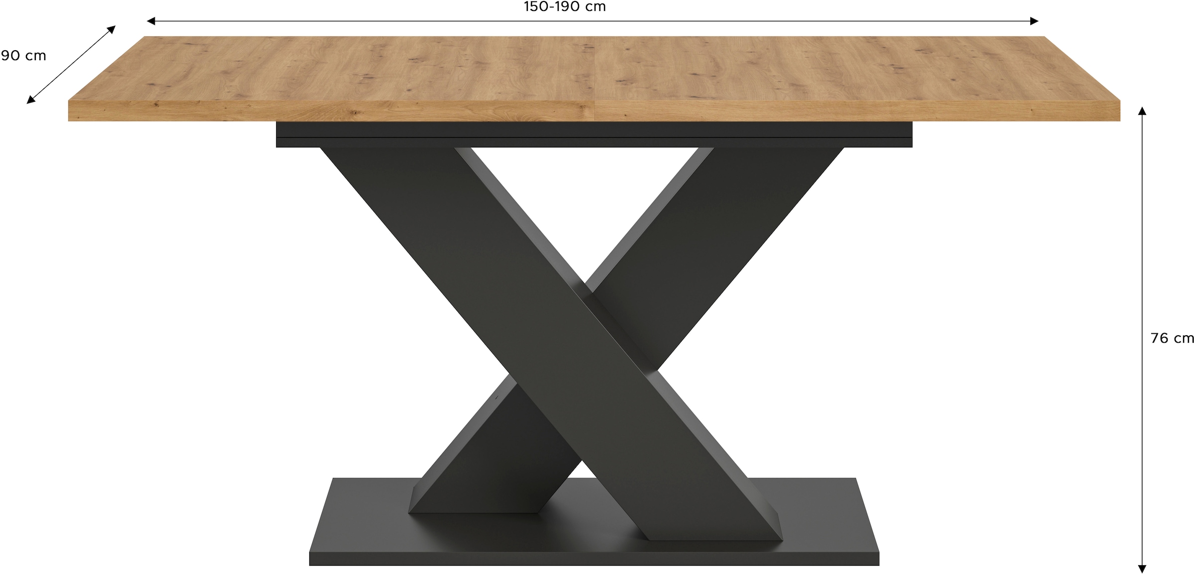 INOSIGN Esstisch »Motus, ausziehbar 150 -190 cm, inklusive 40 cm Einlegeplatte«, X-Gestell mit Bodenplatte, Tisch, Küchentisch, Esszimmer, Küche