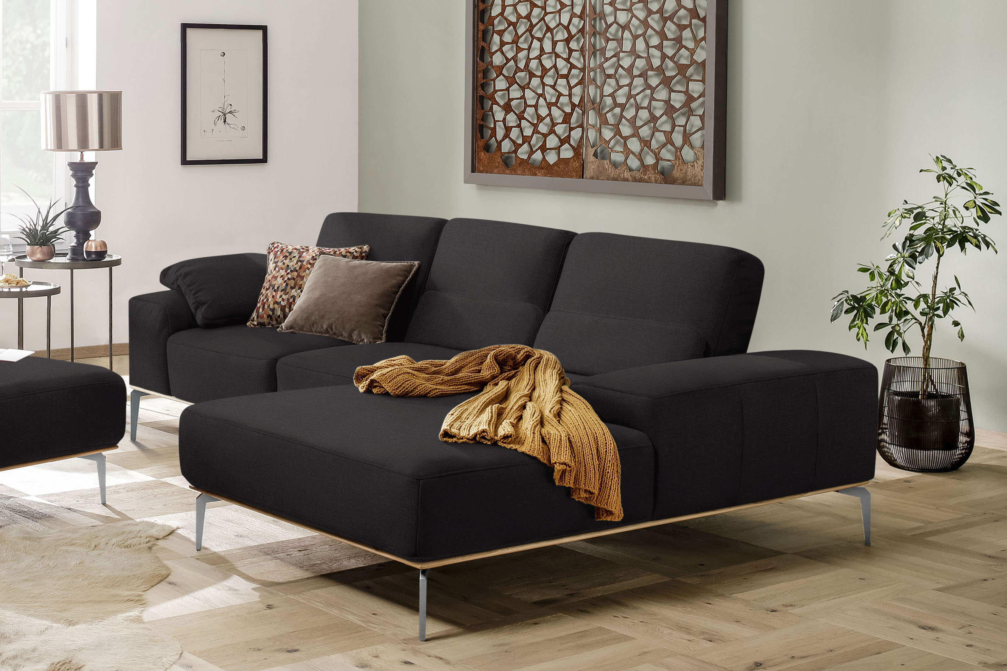W.SCHILLIG Ecksofa "run, Designsofa mit tollem Sitzkomfort, L-Form" mit elegantem Holzsockel, Füße in Chrom glänzend, Breite 279 cm