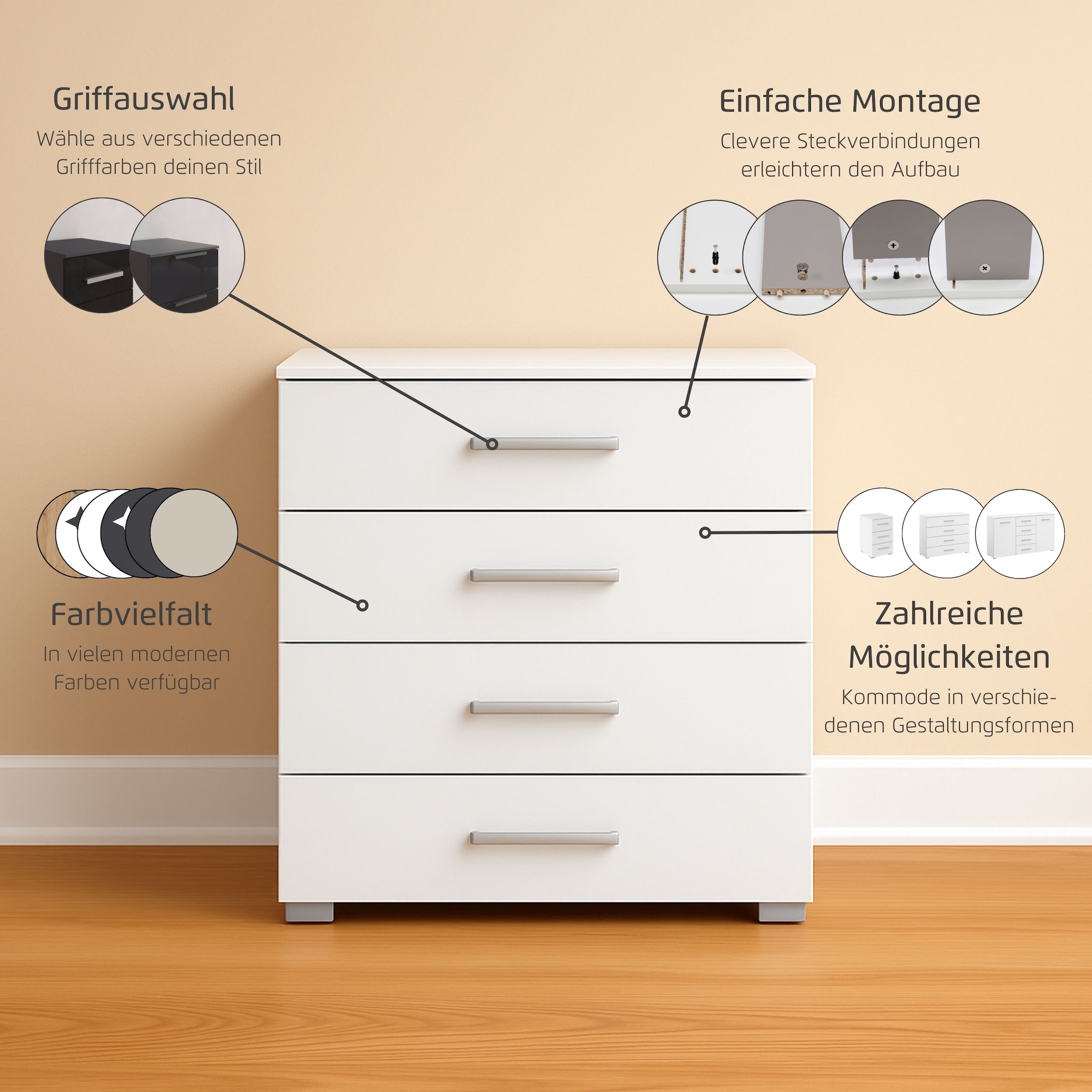 rauch Schubkastenkommode »Sideboard Kommode Schubkastenkommode KOLUNA mit Glasfront«, (Breite 80 cm inkl. Soft-Close-Funktion), vier große und geräumige Schubladen mit viel Stauraum MADE IN GERMANY